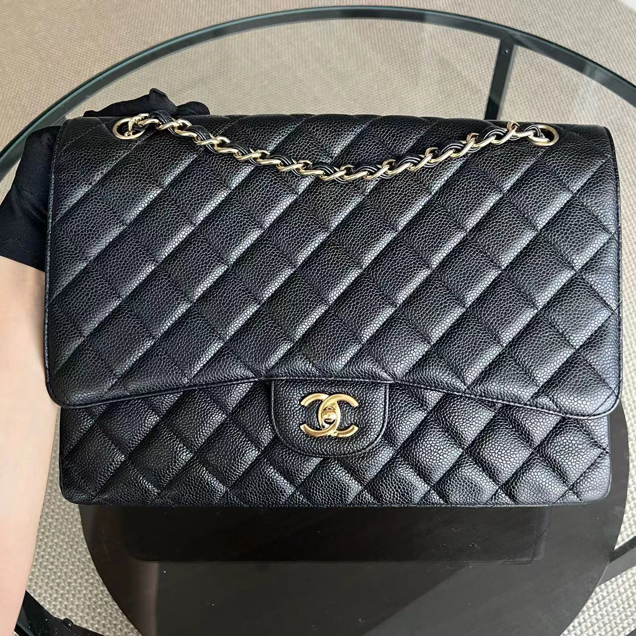 Chanel Caviar Maxi Classic Flap Single Flap Quilted Grained Calfskin Black Golden Hardware Series 13 - Luxury Evermore