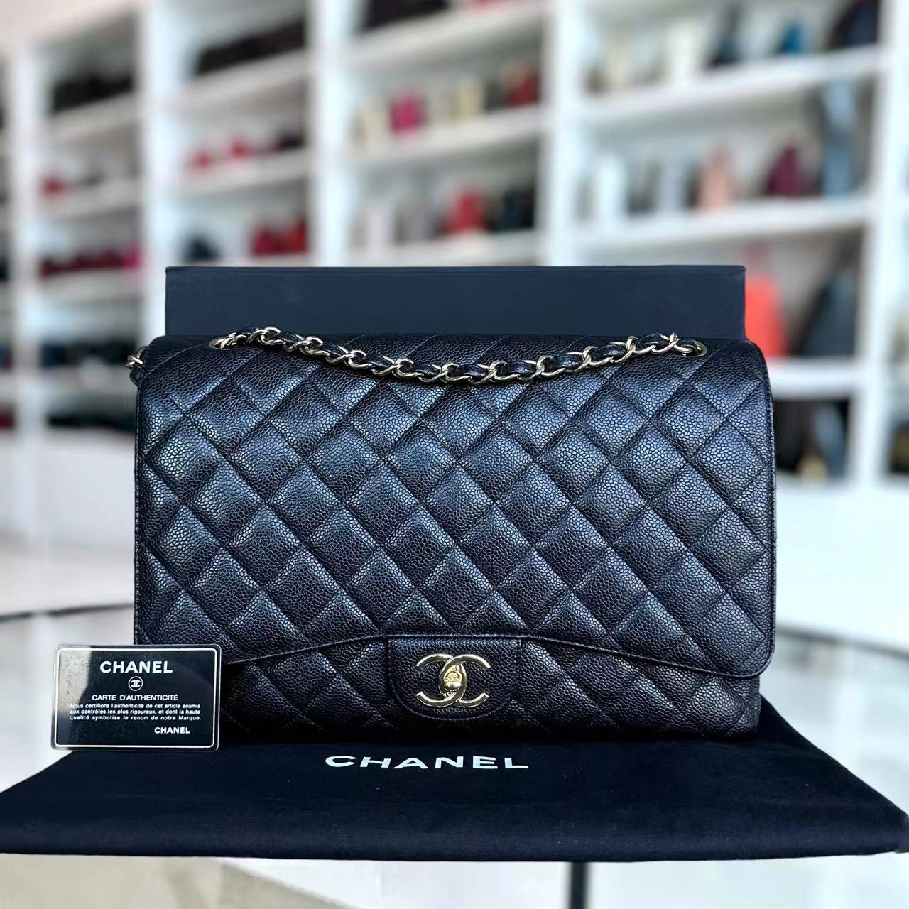 Chanel Caviar Maxi Double Flap Classic Flap 33CM Quilted Grained Calfskin Black Golden Hardware Series 14 - Luxury Evermore