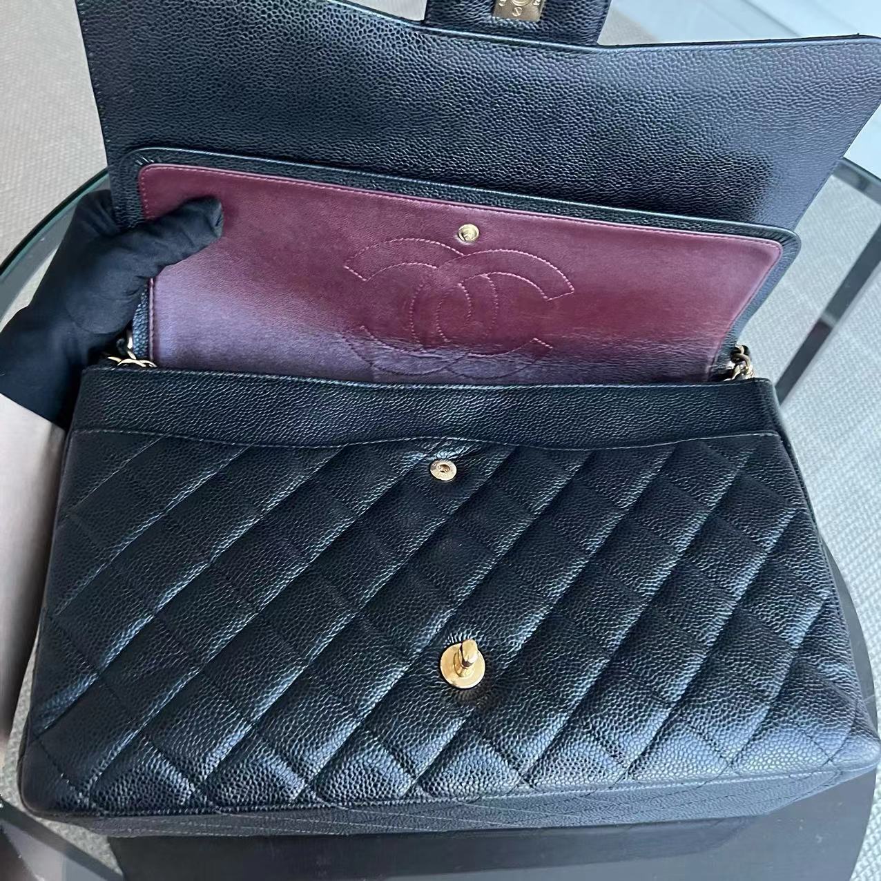 Chanel Caviar Maxi Double Flap Classic Flap 33CM Quilted Grained Calfskin Black Golden Hardware Series 14 - Luxury Evermore