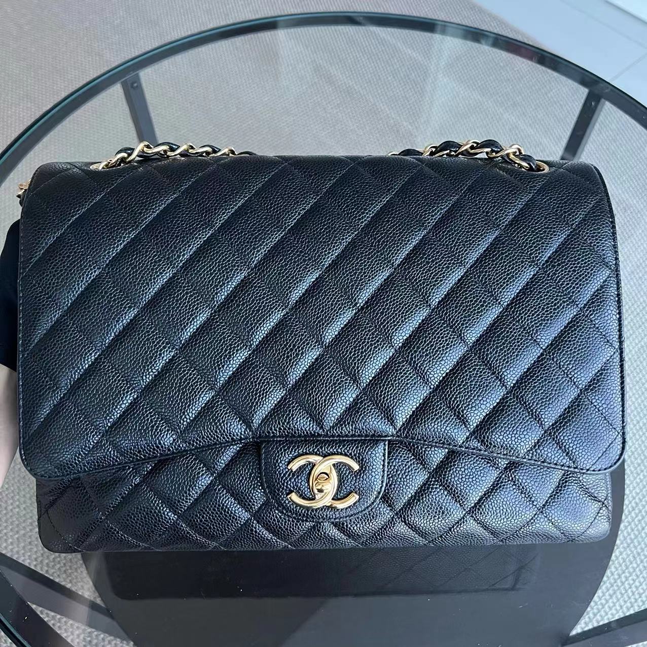 Chanel Caviar Maxi Double Flap Classic Flap 33CM Quilted Grained Calfskin Black Golden Hardware Series 14 - Luxury Evermore