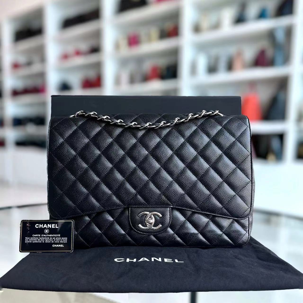 Chanel Caviar Maxi Double Flap Classic Flap 34CM Quilted Grained Calfskin Black Silver Hardware Series 14 - Luxury Evermore