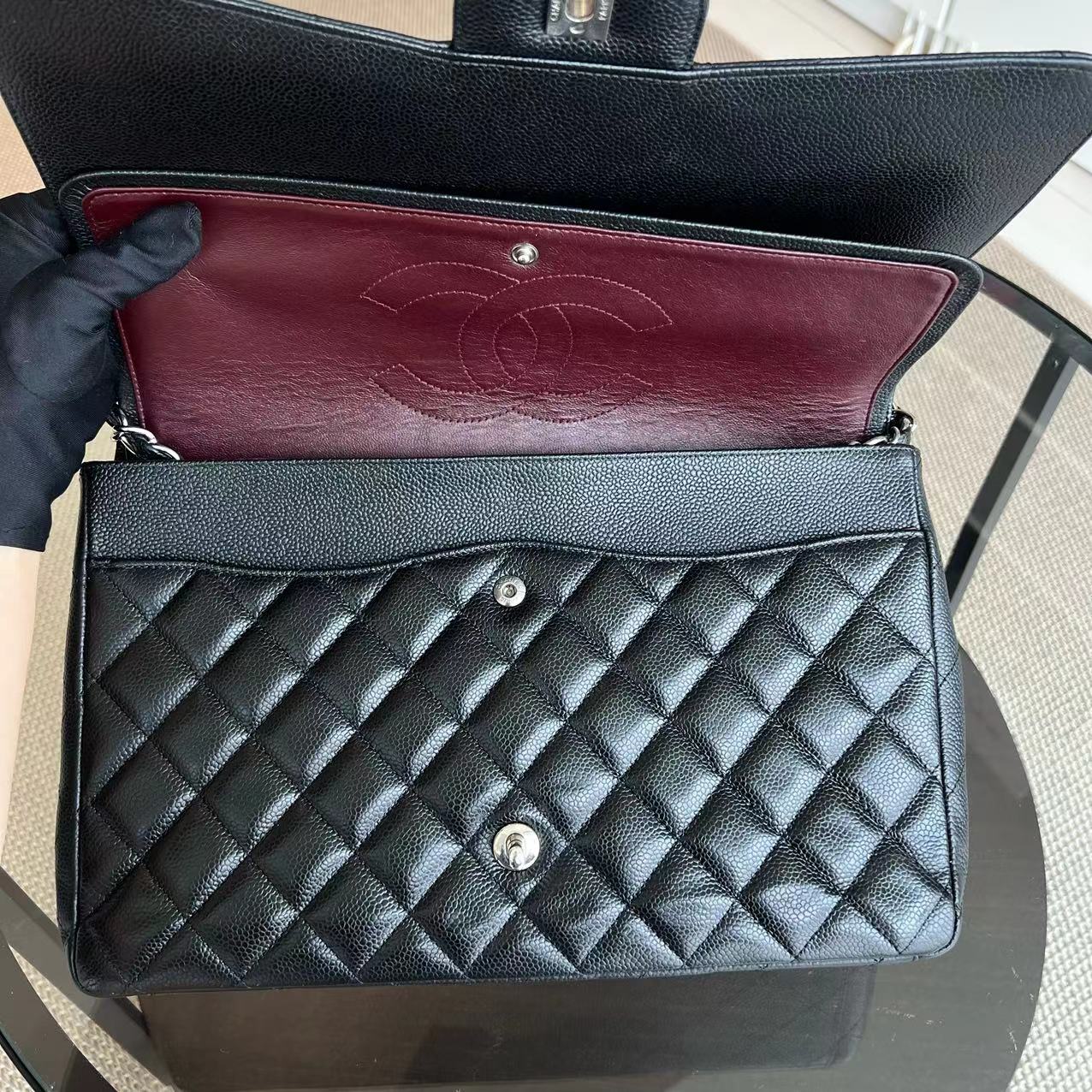 Chanel Caviar Maxi Double Flap Classic Flap 34CM Quilted Grained Calfskin Black Silver Hardware Series 14 - Luxury Evermore