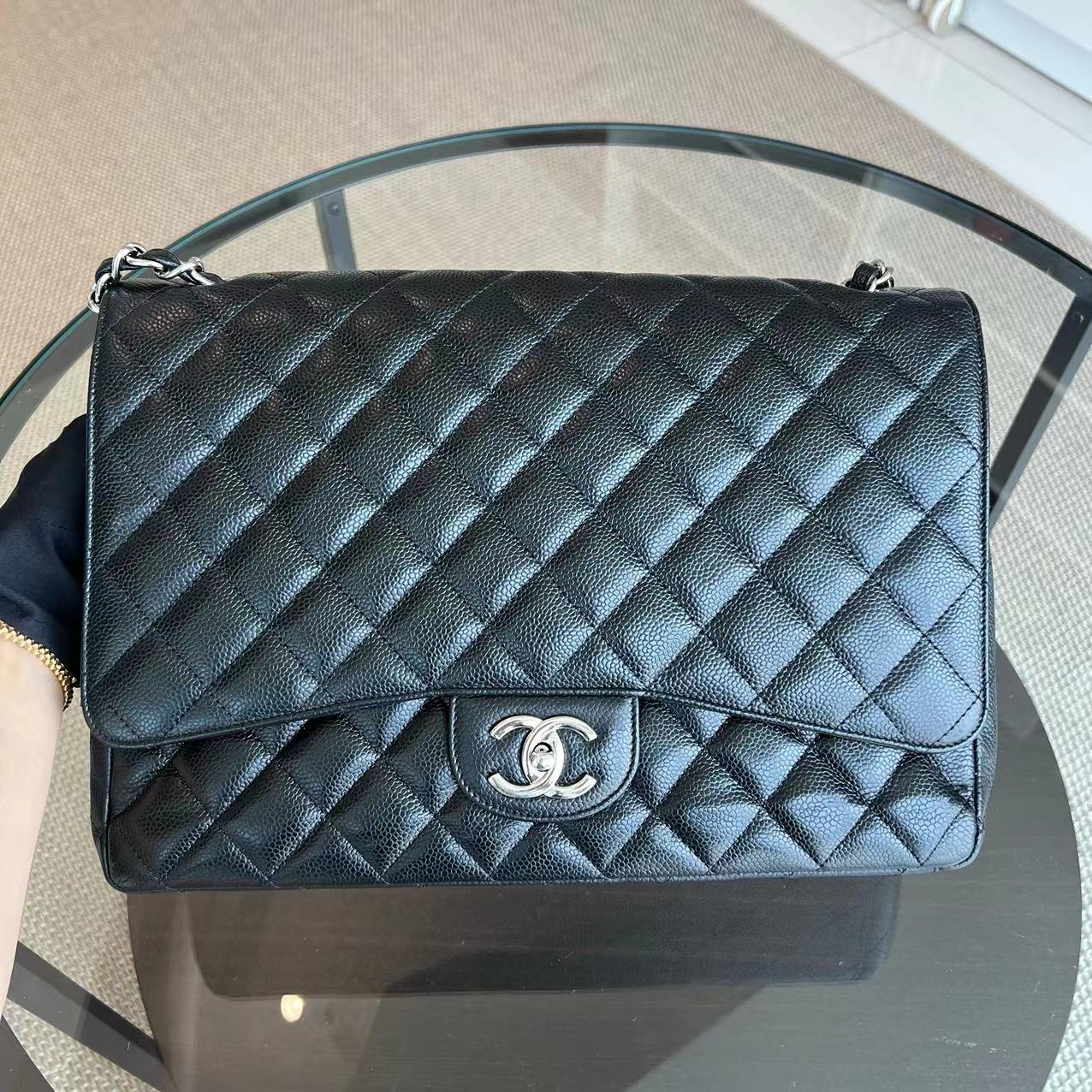 Chanel Caviar Maxi Double Flap Classic Flap 34CM Quilted Grained Calfskin Black Silver Hardware Series 14 - Luxury Evermore