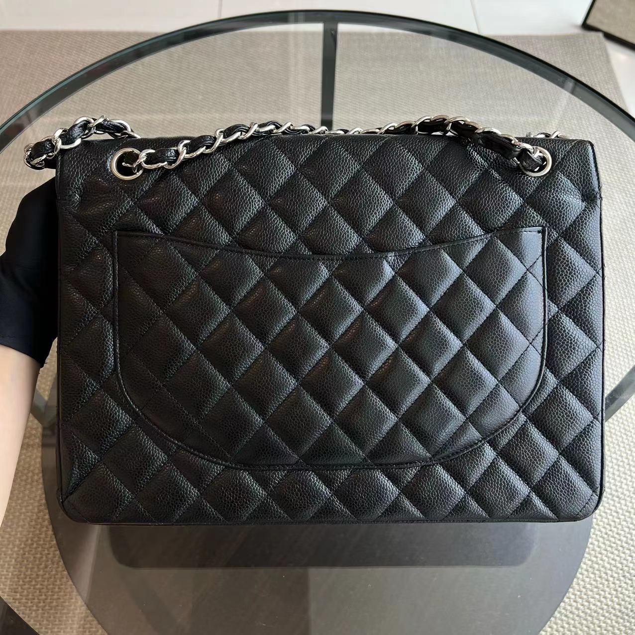 Chanel Caviar Maxi Double Flap Classic Flap 34CM Quilted Grained Calfskin Black Silver Hardware Series 14 - Luxury Evermore