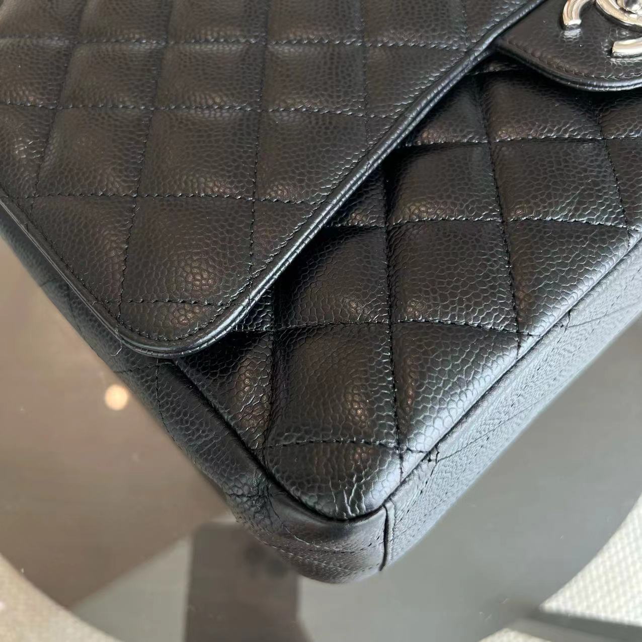 Chanel Caviar Maxi Double Flap Classic Flap 34CM Quilted Grained Calfskin Black Silver Hardware Series 14 - Luxury Evermore