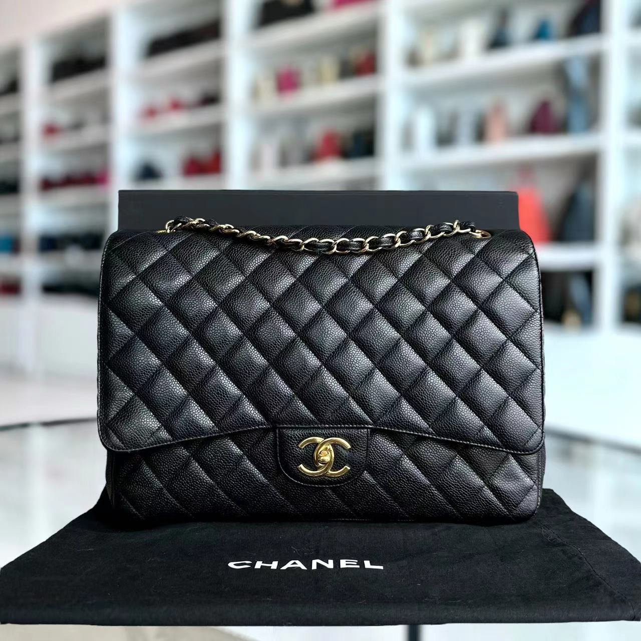 Chanel Caviar Maxi Double Flap Classic Flap Quilted Calfskin Black GHW No 14 - Luxury Evermore