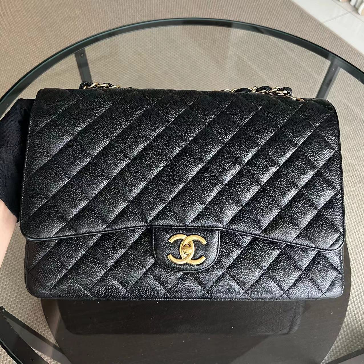 Chanel Caviar Maxi Double Flap Classic Flap Quilted Calfskin Black GHW No 14 - Luxury Evermore