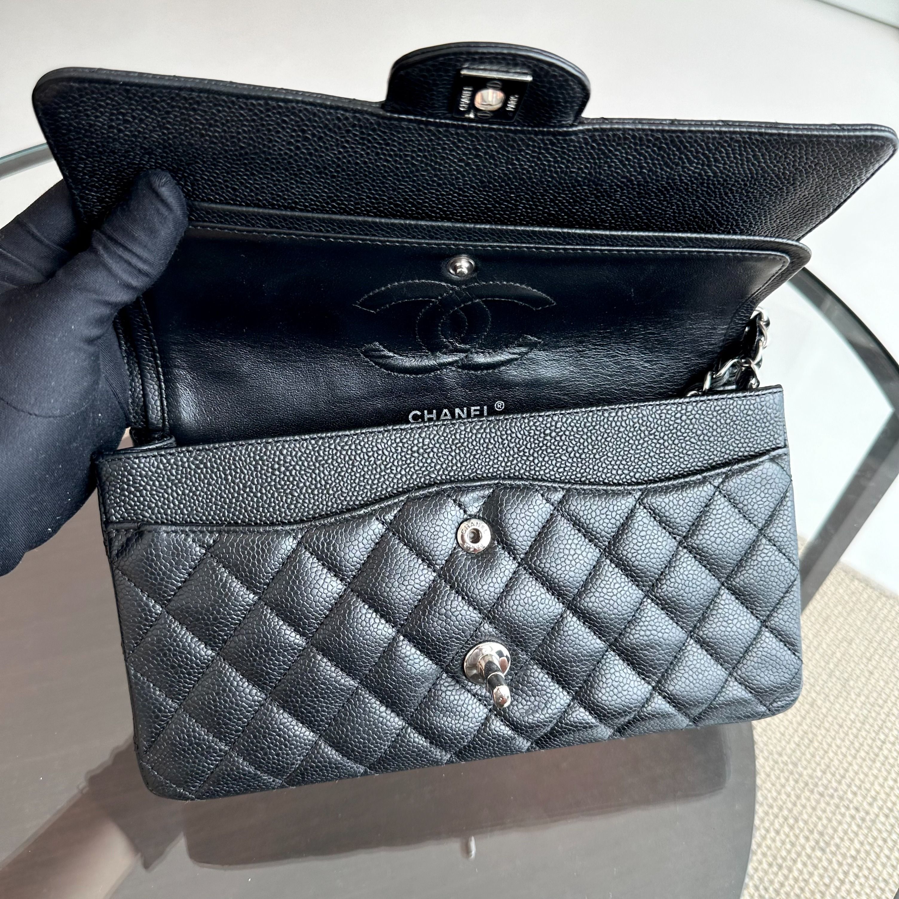 Chanel Caviar Medium Classic Flap 25CM Quilted Black SHW No 13 - Luxury Evermore