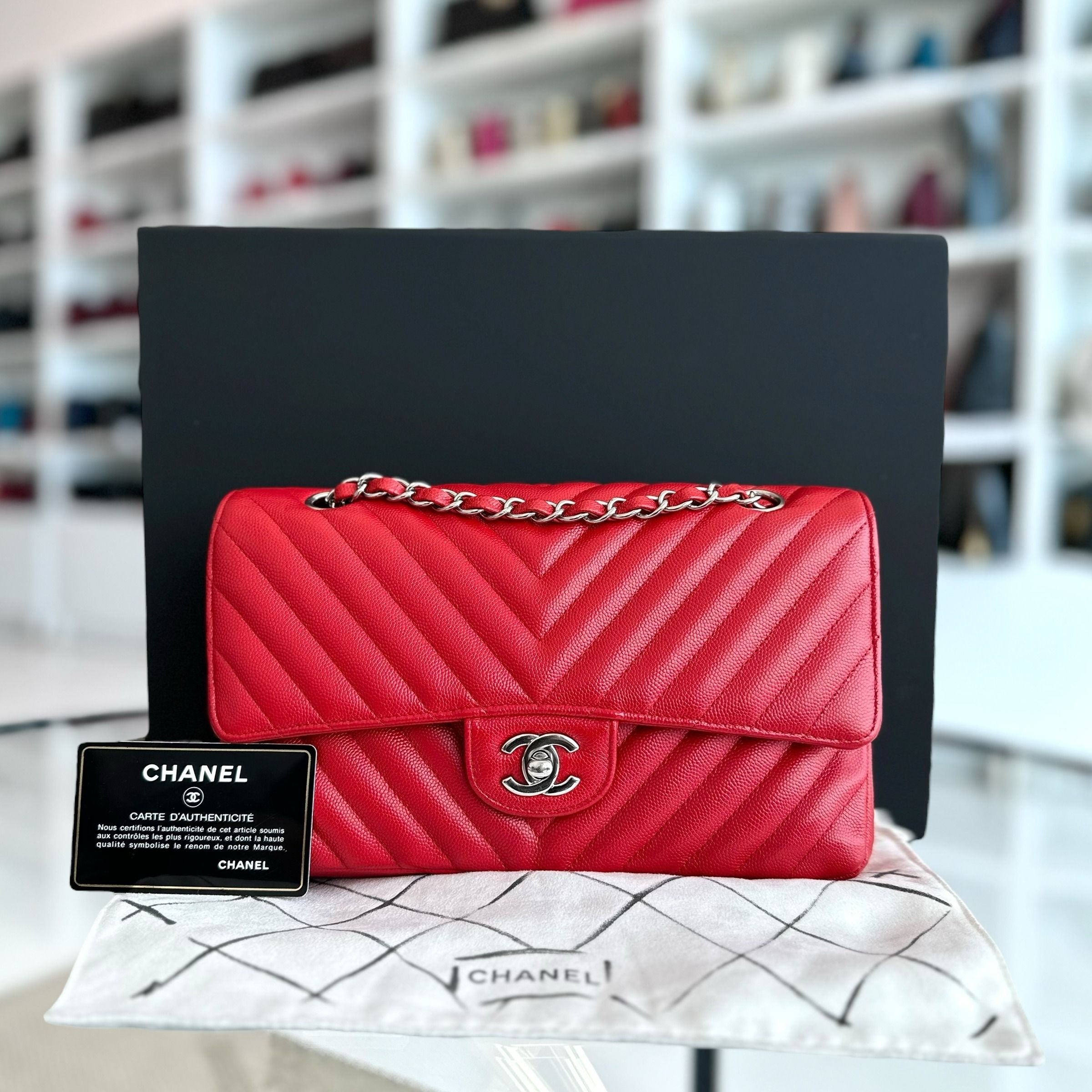 Chanel Caviar Medium Classic Flap Chevron Red SHW No 24 - Luxury Evermore