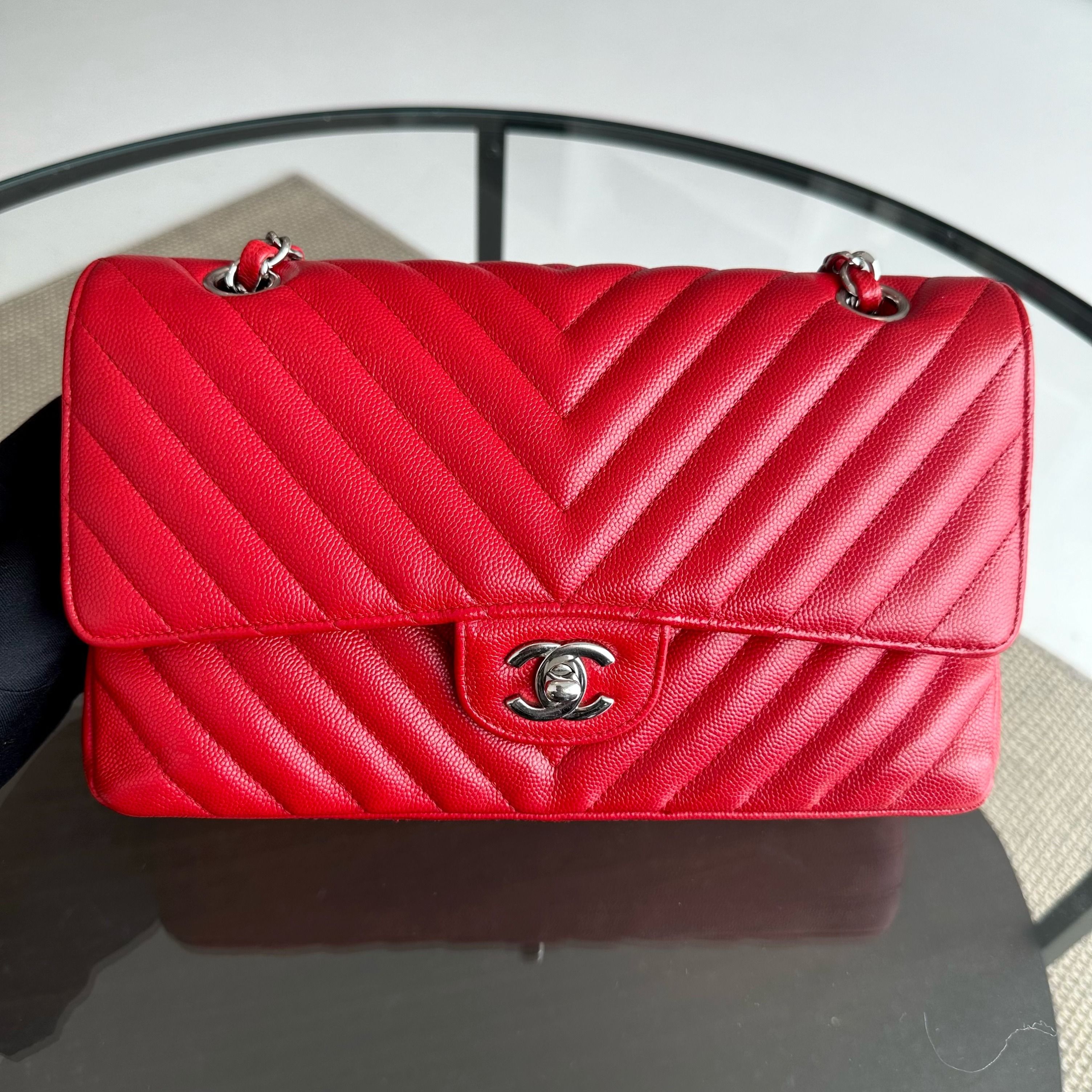 Chanel Caviar Medium Classic Flap Chevron Red SHW No 24 - Luxury Evermore