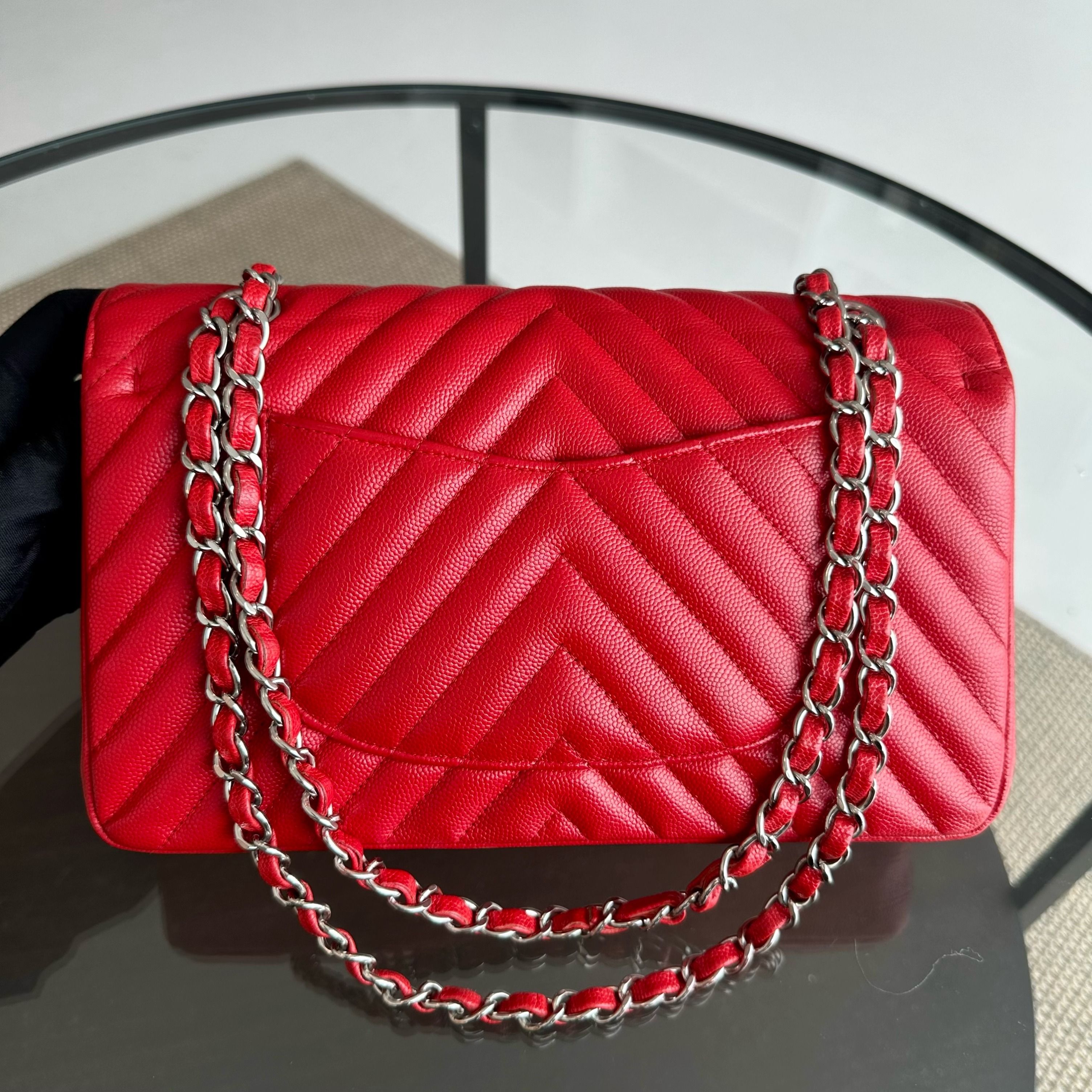 Chanel Caviar Medium Classic Flap Chevron Red SHW No 24 - Luxury Evermore