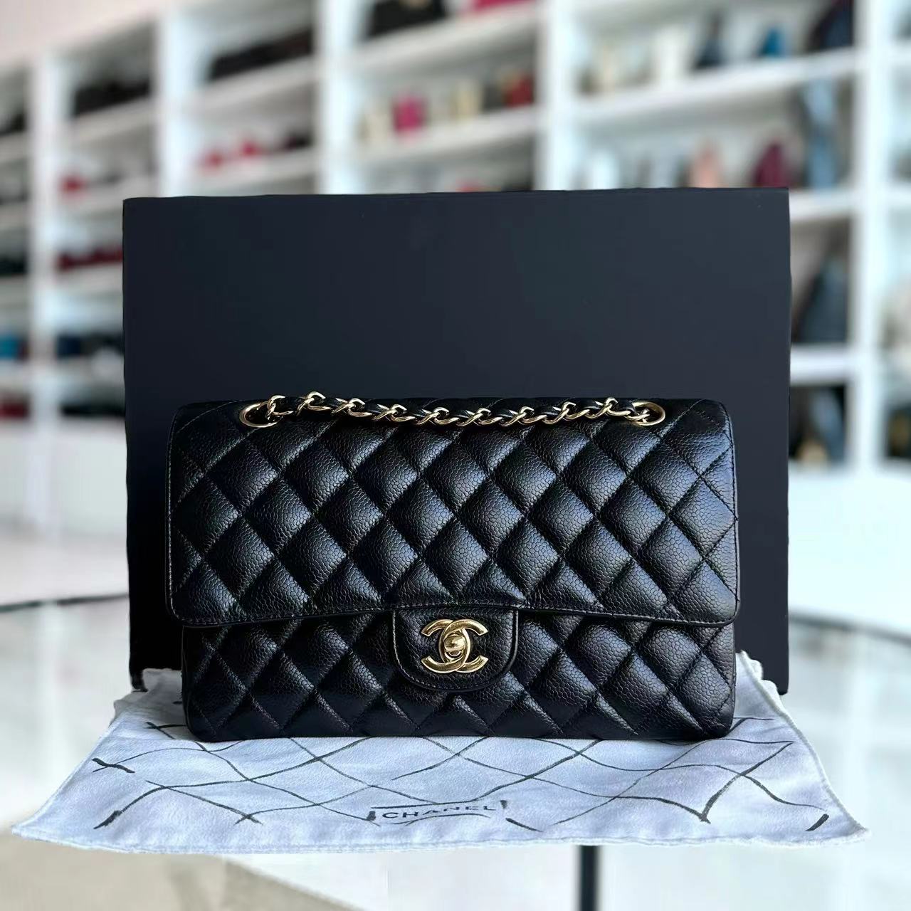 Chanel Caviar Medium Classic Flap Double Flap 25CM Quilted Calfskin Black GHW No 24 - Luxury Evermore