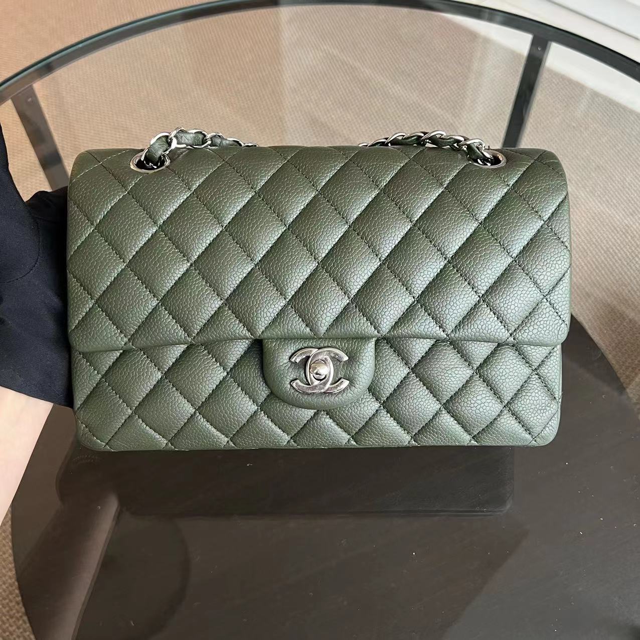 Chanel Caviar Medium Classic Flap Double Flap 25CM Quilted Calfskin Green GHW No 14 - Luxury Evermore