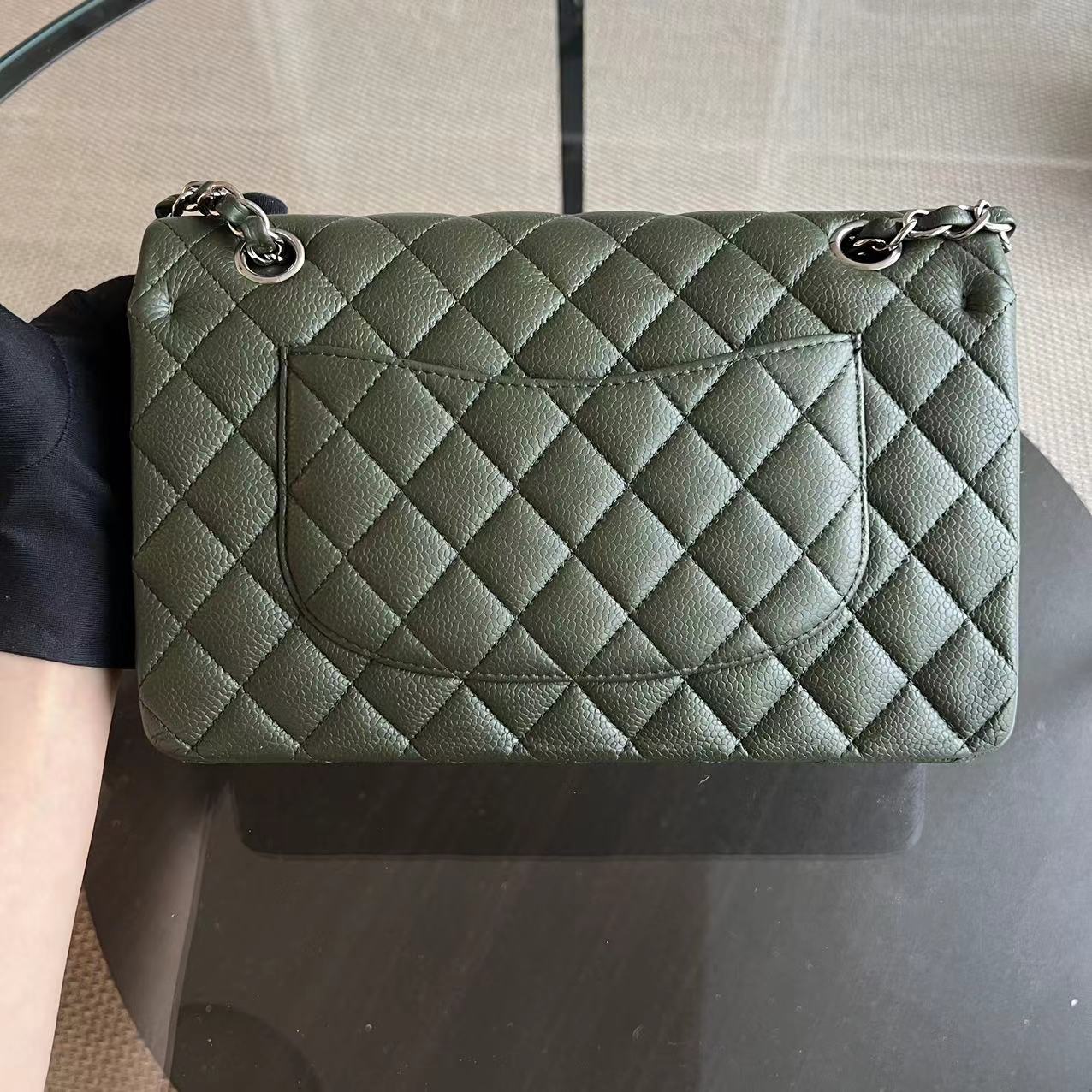 Chanel Caviar Medium Classic Flap Double Flap 25CM Quilted Calfskin Green GHW No 14 - Luxury Evermore