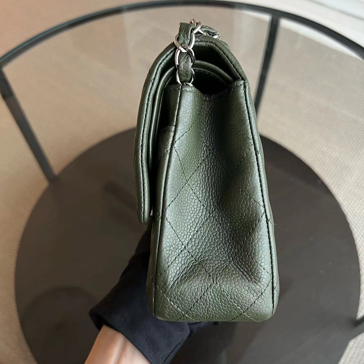 Chanel Caviar Medium Classic Flap Double Flap 25CM Quilted Calfskin Green GHW No 14 - Luxury Evermore