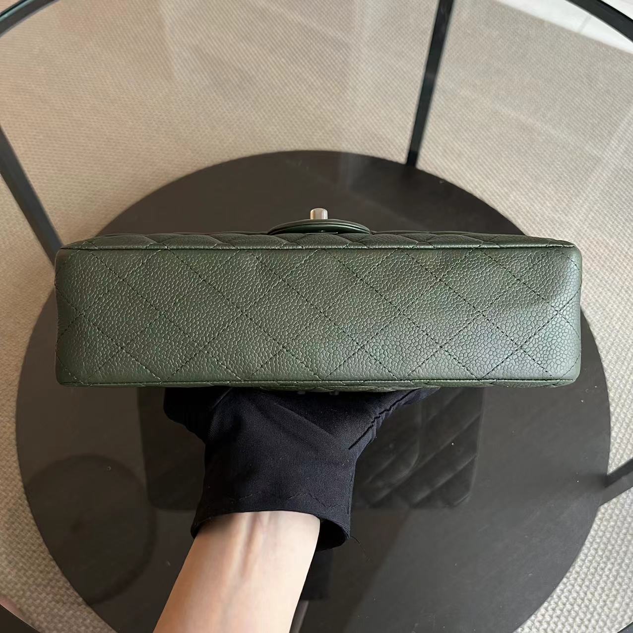 Chanel Caviar Medium Classic Flap Double Flap 25CM Quilted Calfskin Green GHW No 14 - Luxury Evermore