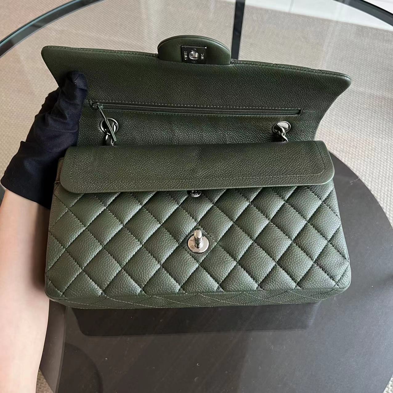 Chanel Caviar Medium Classic Flap Double Flap 25CM Quilted Calfskin Green GHW No 14 - Luxury Evermore