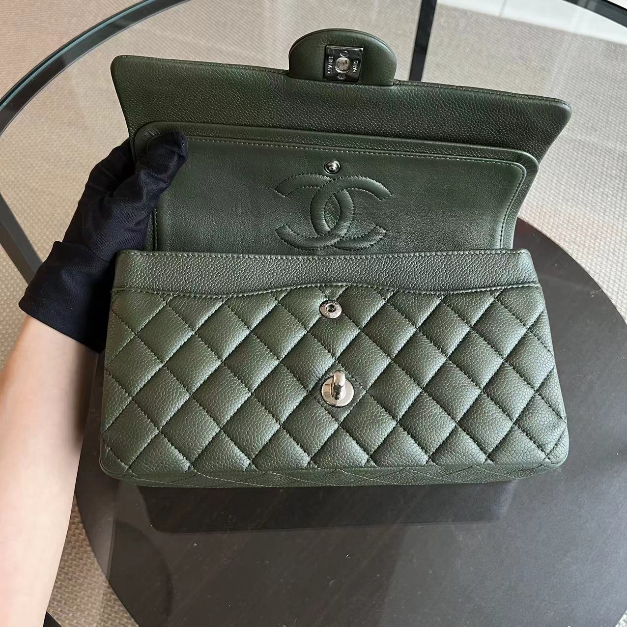 Chanel Caviar Medium Classic Flap Double Flap 25CM Quilted Calfskin Green GHW No 14 - Luxury Evermore