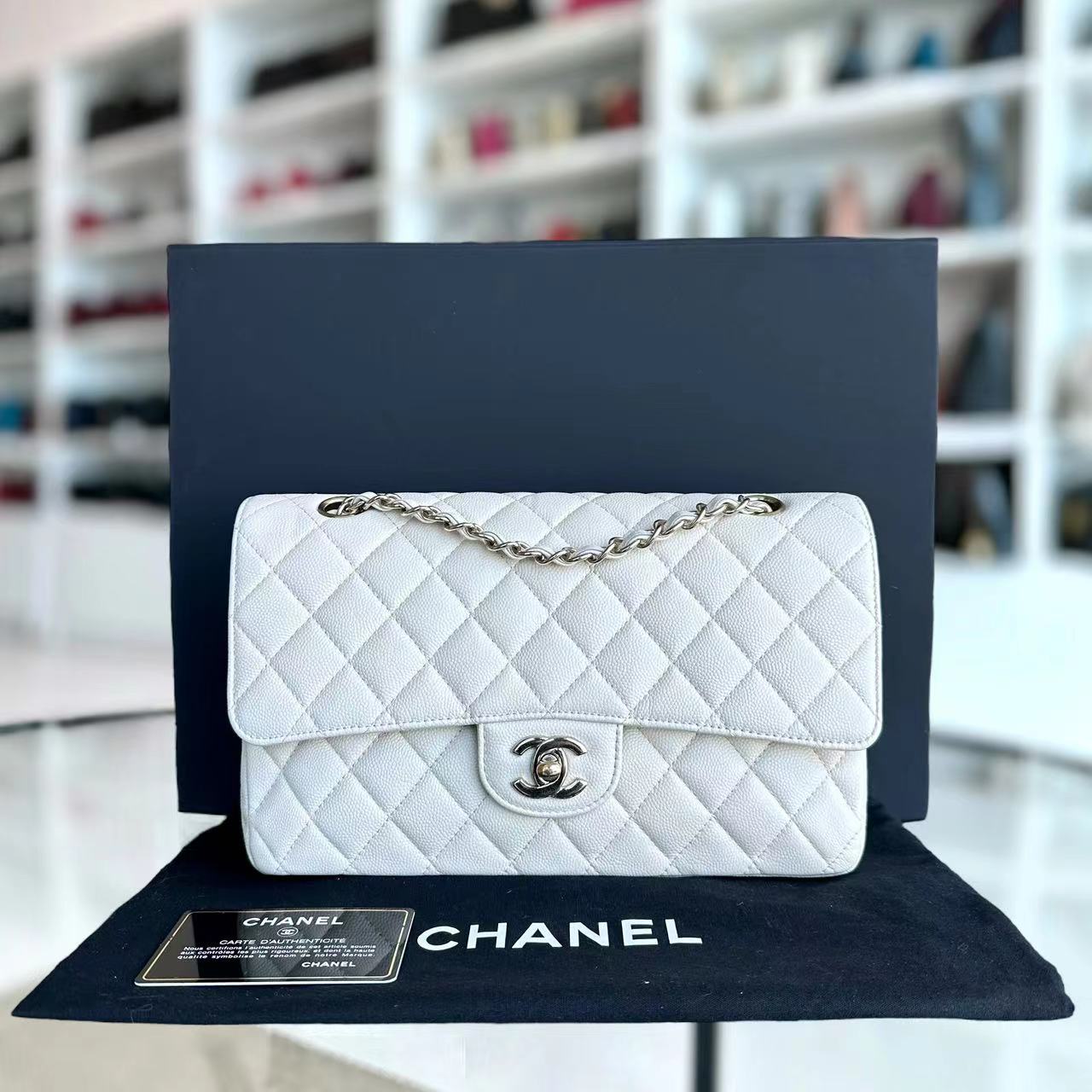 Chanel Caviar Medium Classic Flap Double Flap 25CM Quilted Calfskin White GHW No 23 - Luxury Evermore