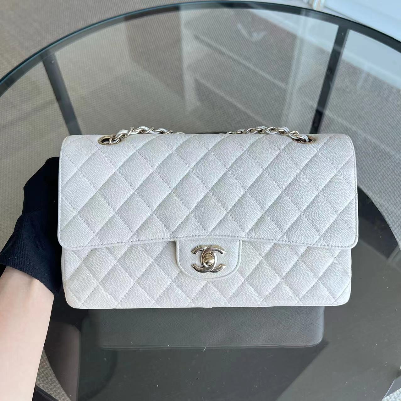 Chanel Caviar Medium Classic Flap Double Flap 25CM Quilted Calfskin White GHW No 23 - Luxury Evermore