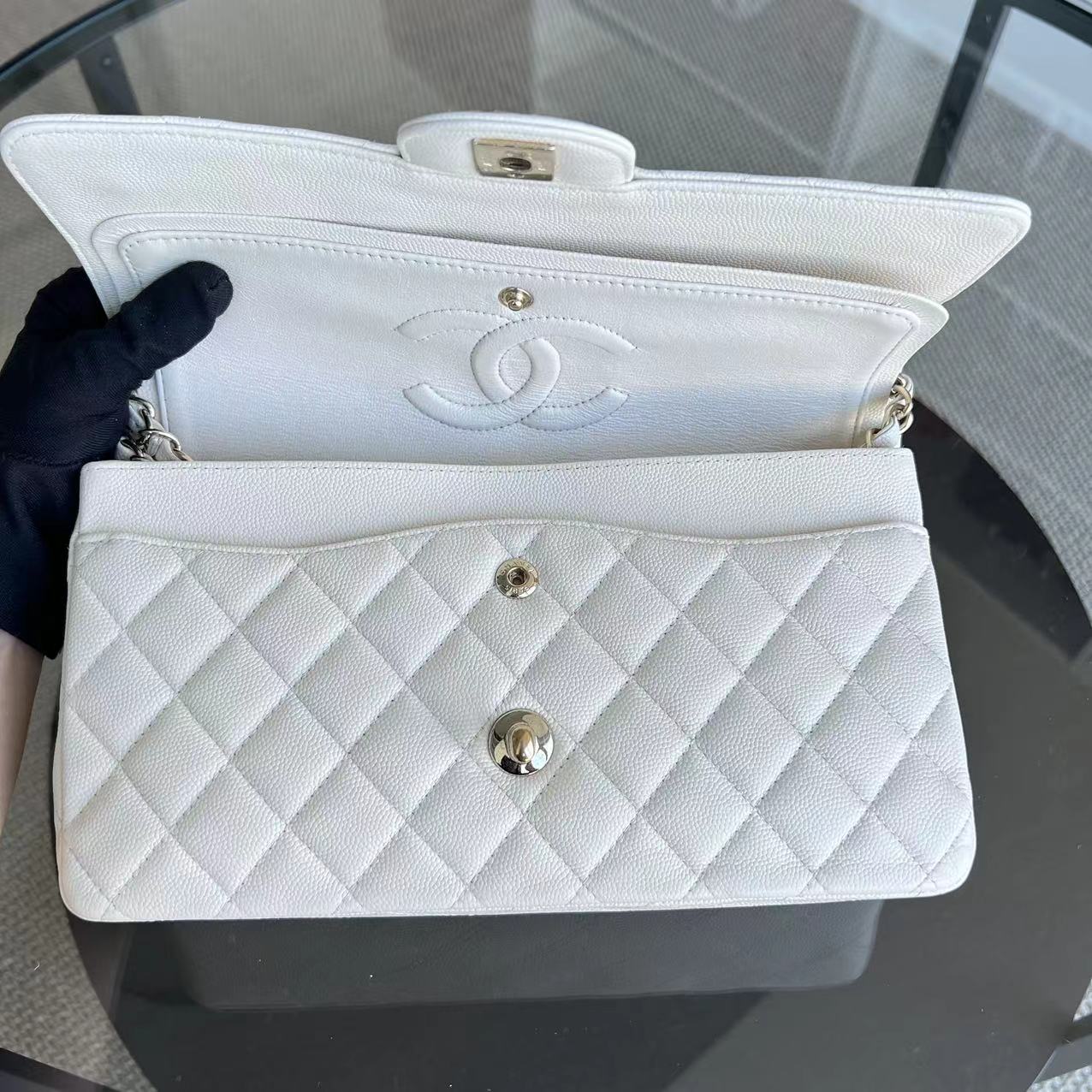 Chanel Caviar Medium Classic Flap Double Flap 25CM Quilted Calfskin White GHW No 23 - Luxury Evermore