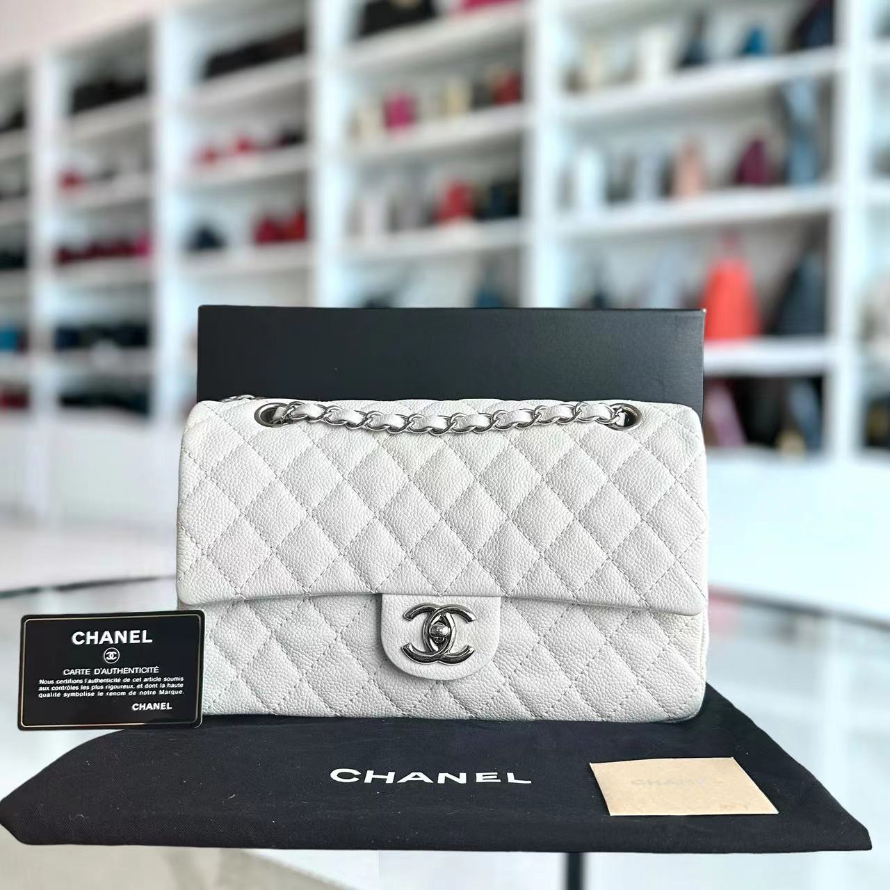 Chanel Caviar Medium Classic Flap Double Flap 25CM Quilted Calfskin White SHW No 12 - Luxury Evermore