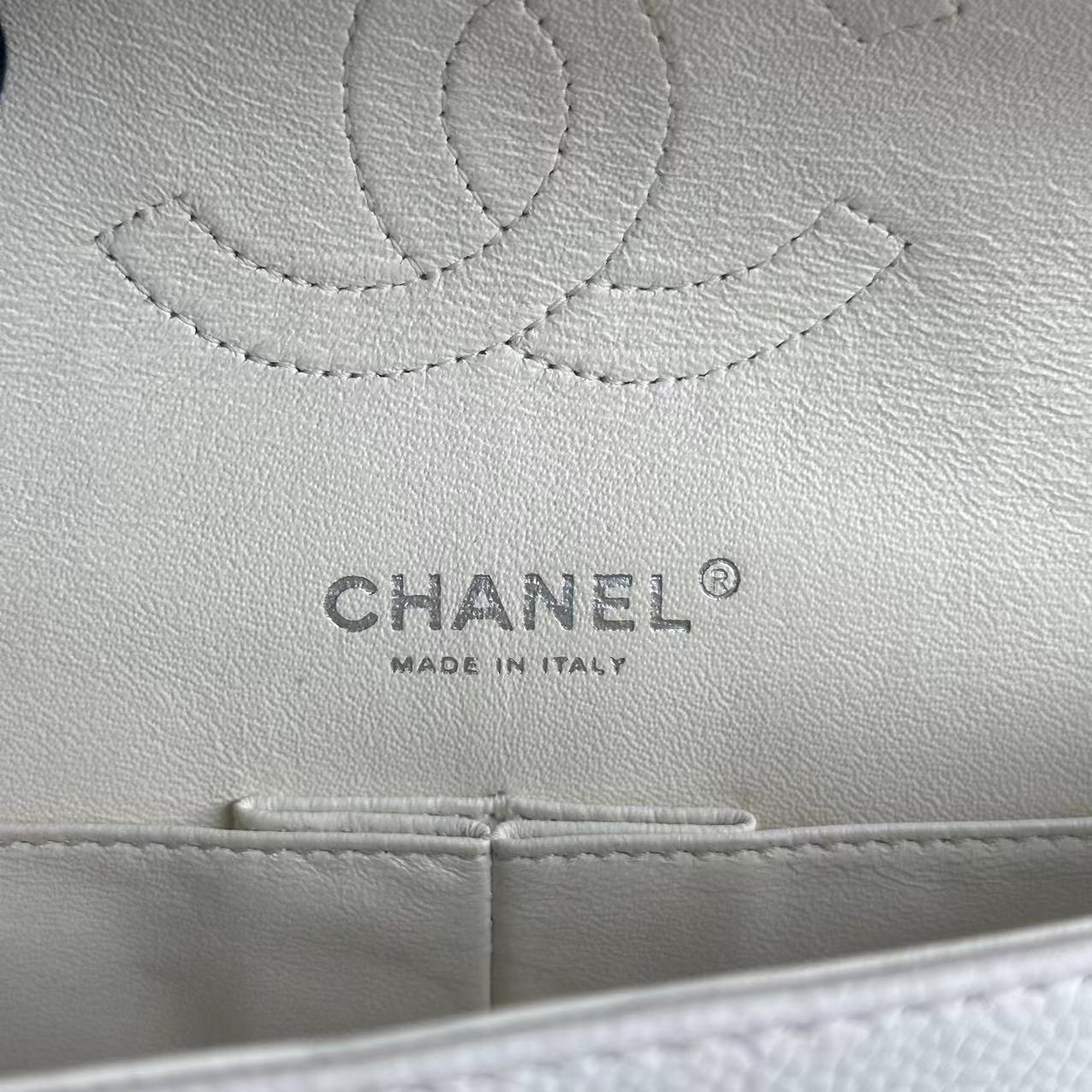 Chanel Caviar Medium Classic Flap Double Flap 25CM Quilted Calfskin White SHW No 12 - Luxury Evermore