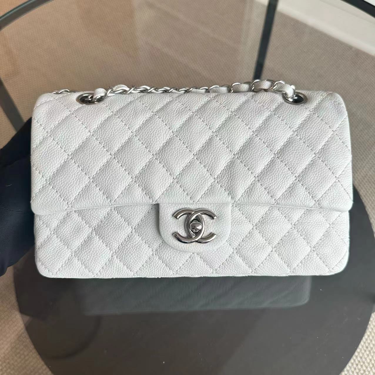 Chanel Caviar Medium Classic Flap Double Flap 25CM Quilted Calfskin White SHW No 12 - Luxury Evermore