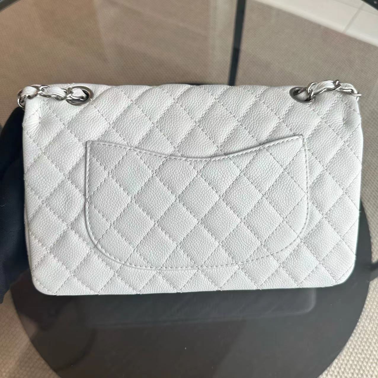 Chanel Caviar Medium Classic Flap Double Flap 25CM Quilted Calfskin White SHW No 12 - Luxury Evermore