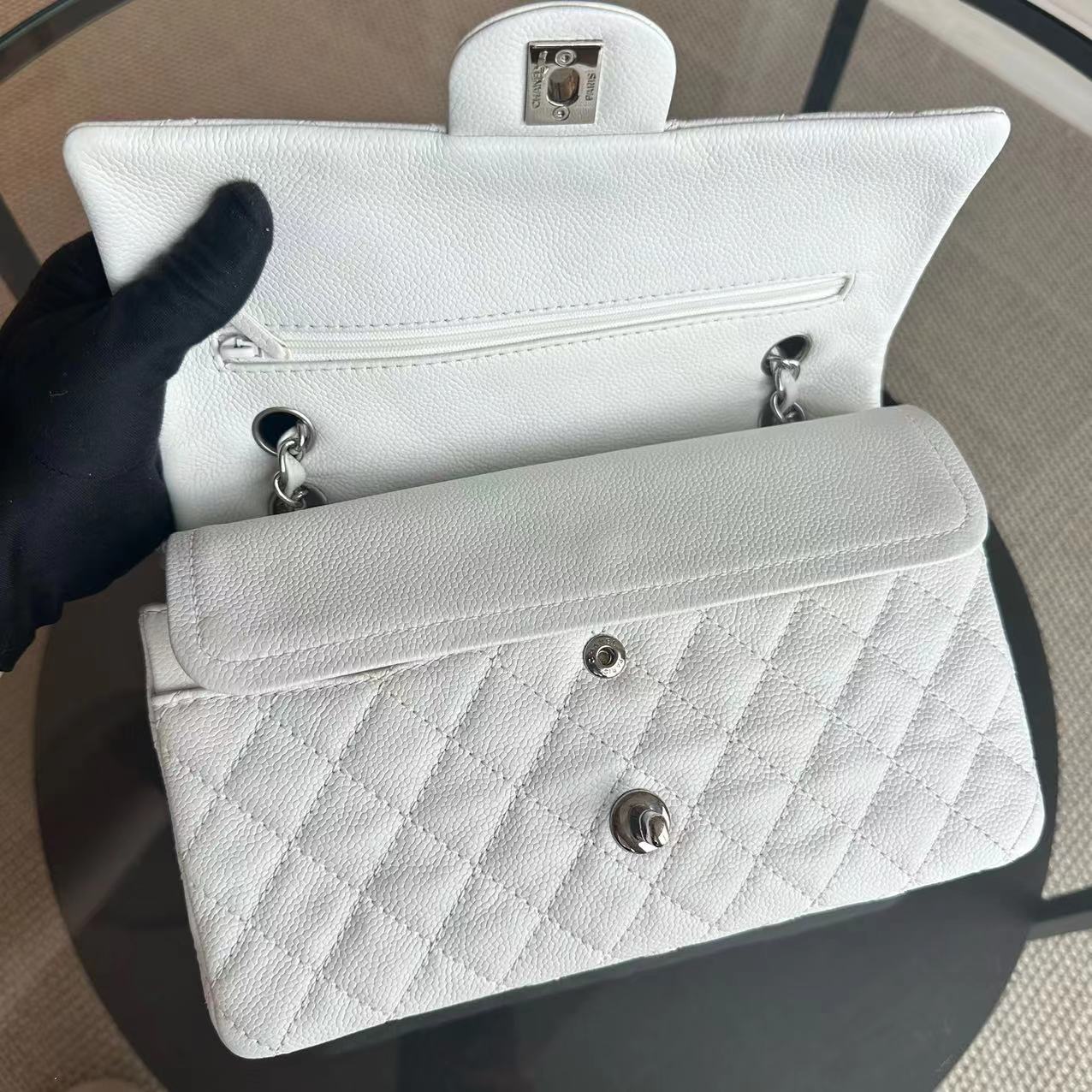 Chanel Caviar Medium Classic Flap Double Flap 25CM Quilted Calfskin White SHW No 12 - Luxury Evermore