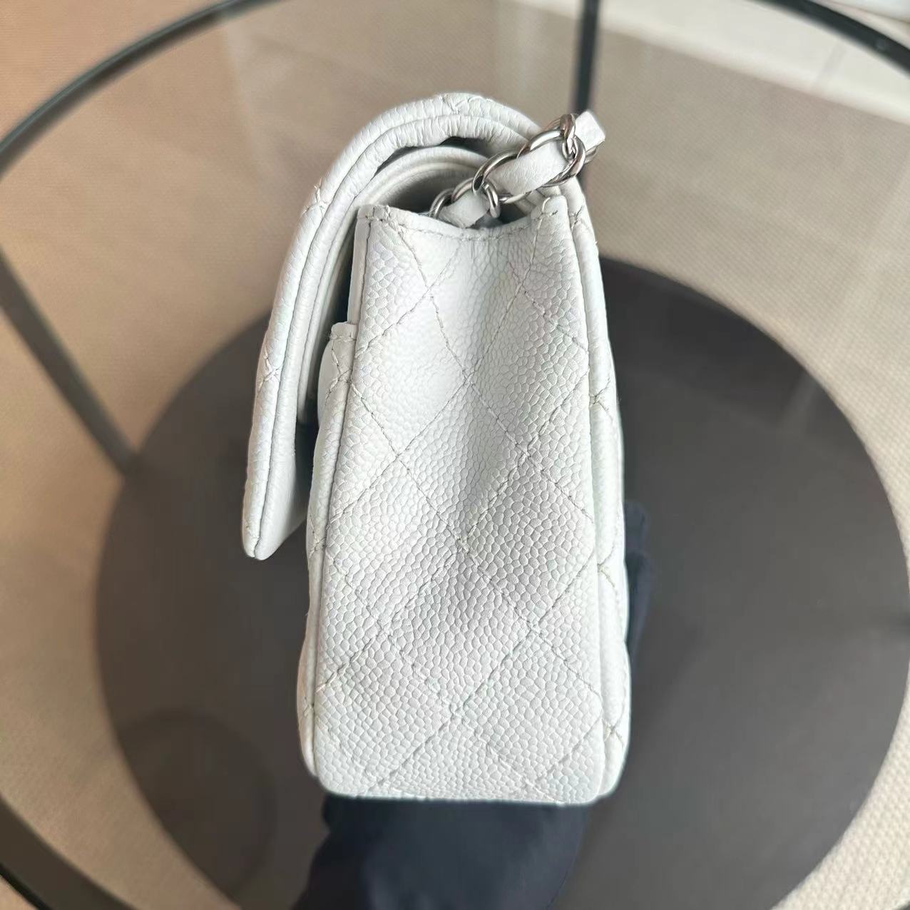 Chanel Caviar Medium Classic Flap Double Flap 25CM Quilted Calfskin White SHW No 12 - Luxury Evermore