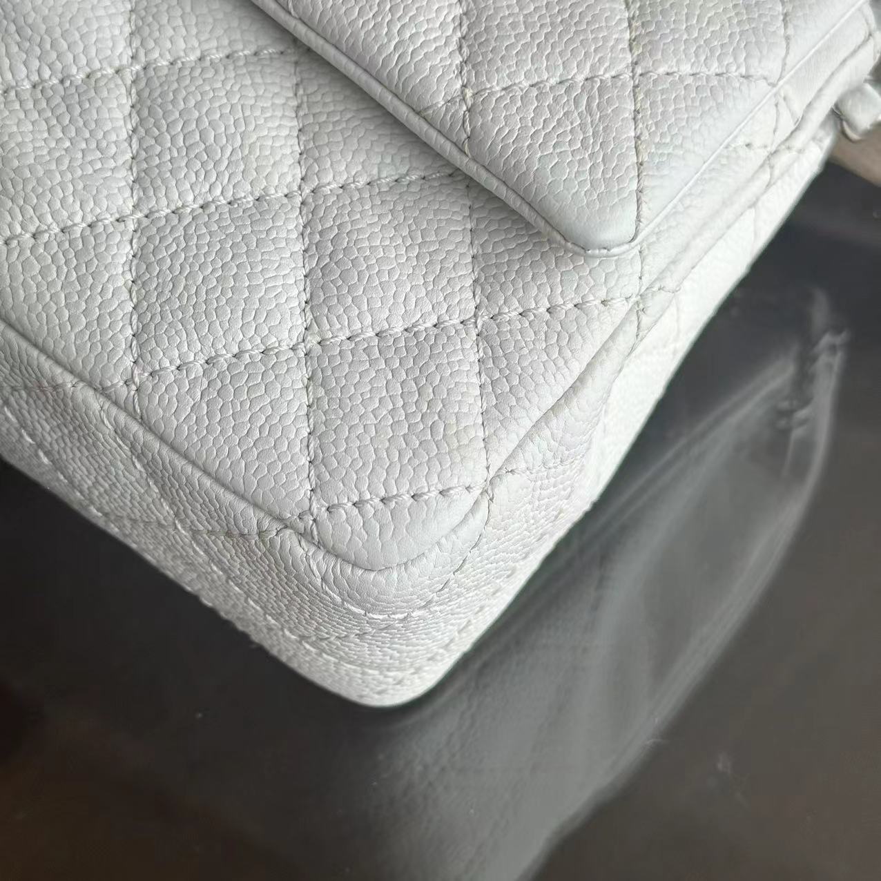 Chanel Caviar Medium Classic Flap Double Flap 25CM Quilted Calfskin White SHW No 12 - Luxury Evermore