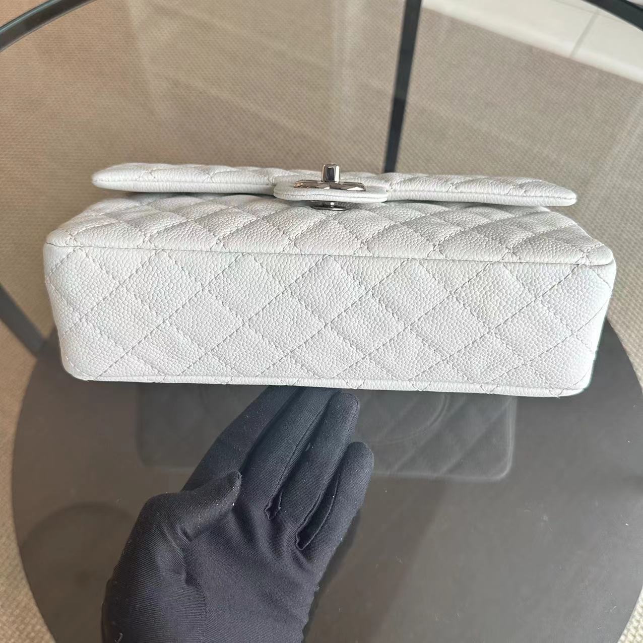 Chanel Caviar Medium Classic Flap Double Flap 25CM Quilted Calfskin White SHW No 12 - Luxury Evermore