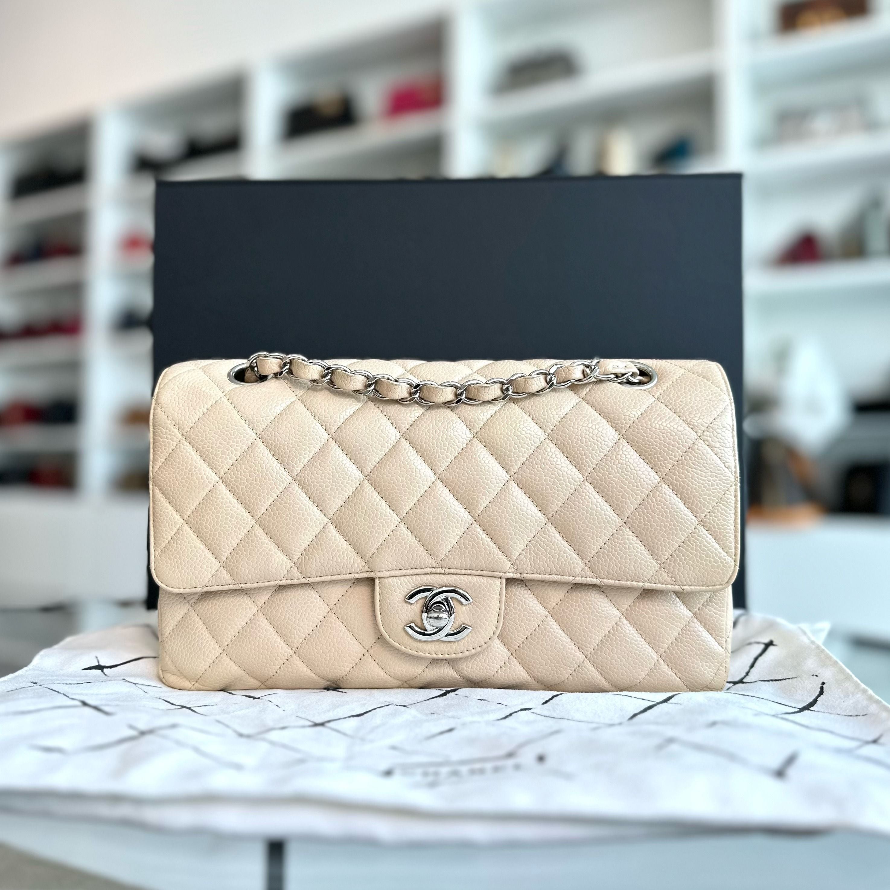 Chanel Caviar Medium Classic Flap Double Flap Beige SHW No 20 - Luxury Evermore