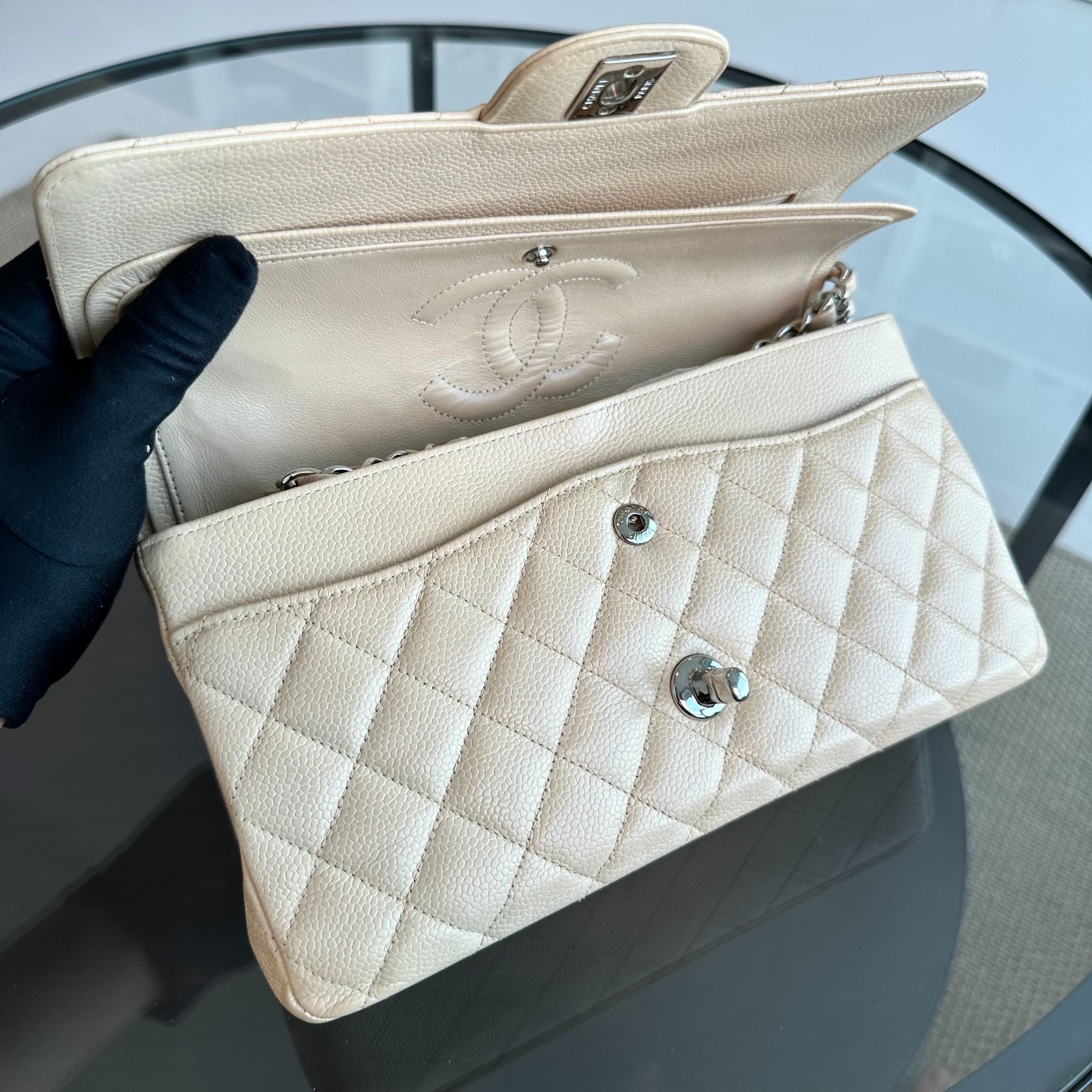 Chanel Caviar Medium Classic Flap Double Flap Beige SHW No 20 - Luxury Evermore