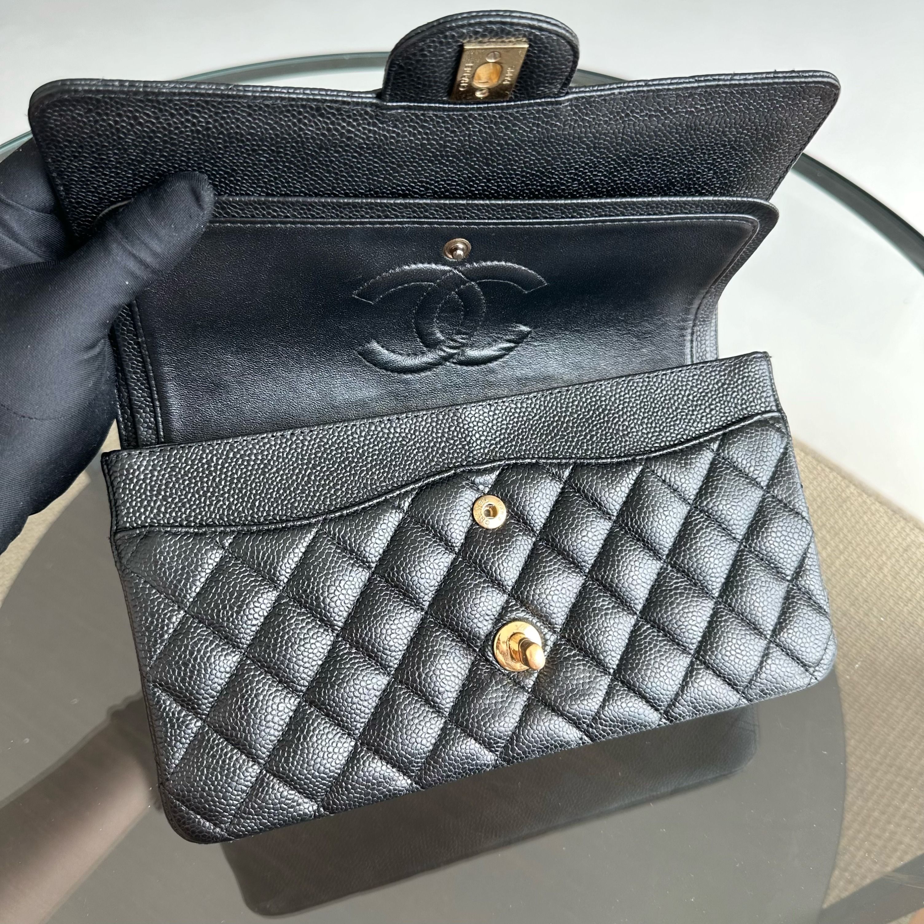 Chanel Caviar Medium Classic Flap Double Flap Black GHW No 13 - Luxury Evermore