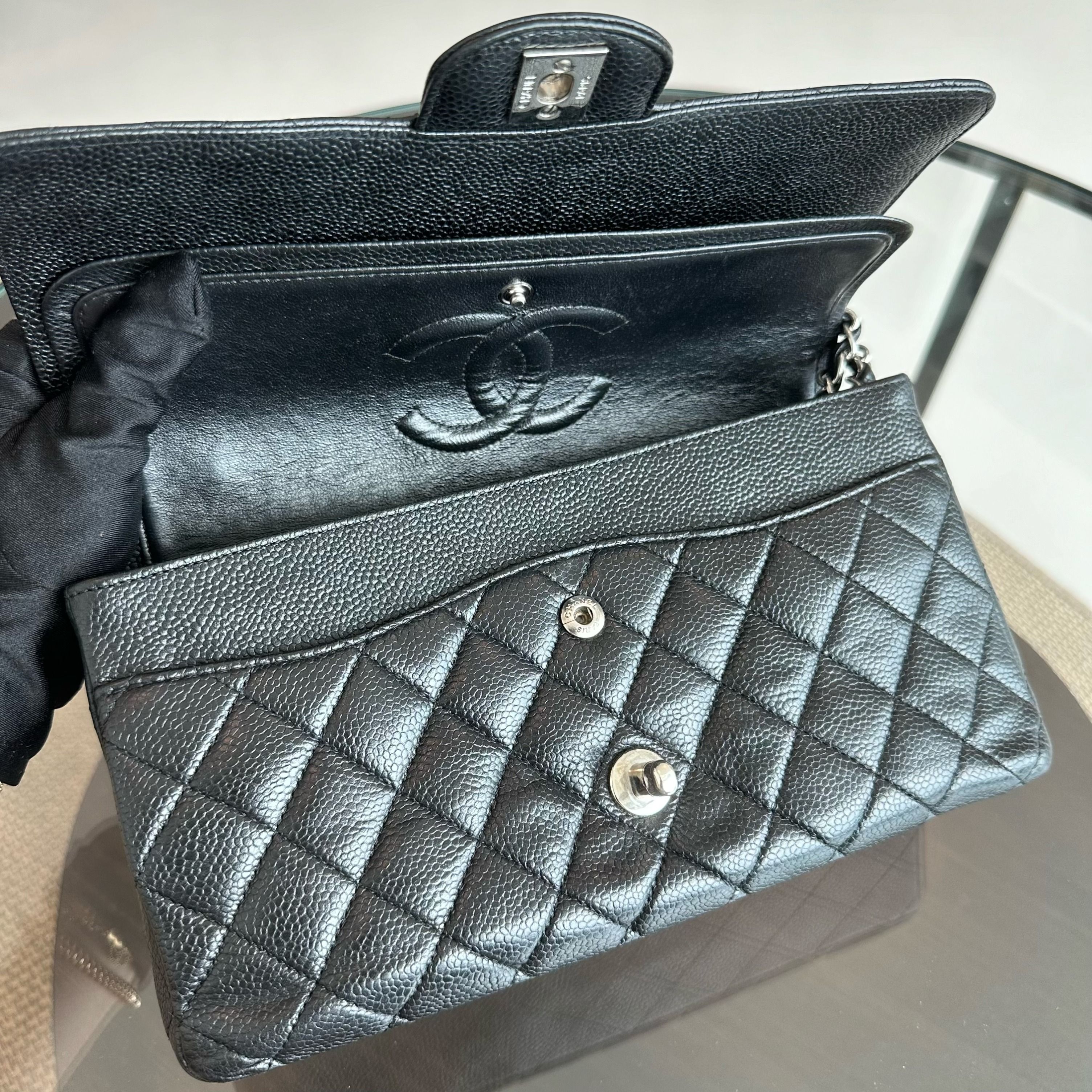 Chanel Caviar Medium Classic Flap Double Flap Black SHW No 13 - Luxury Evermore