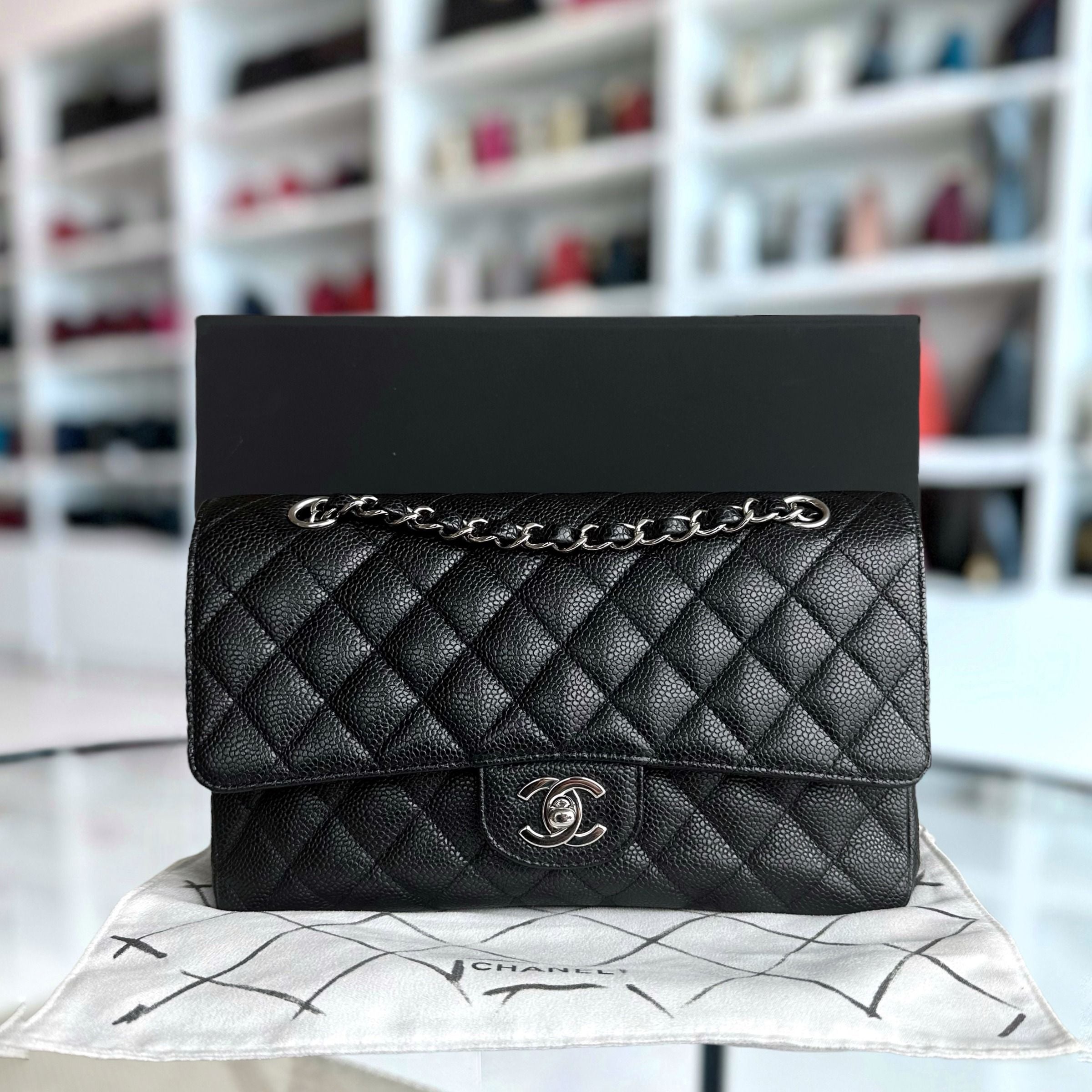 Chanel Caviar Medium Classic Flap Double Flap Quilted Calfskin Black SHW No 13 - Luxury Evermore