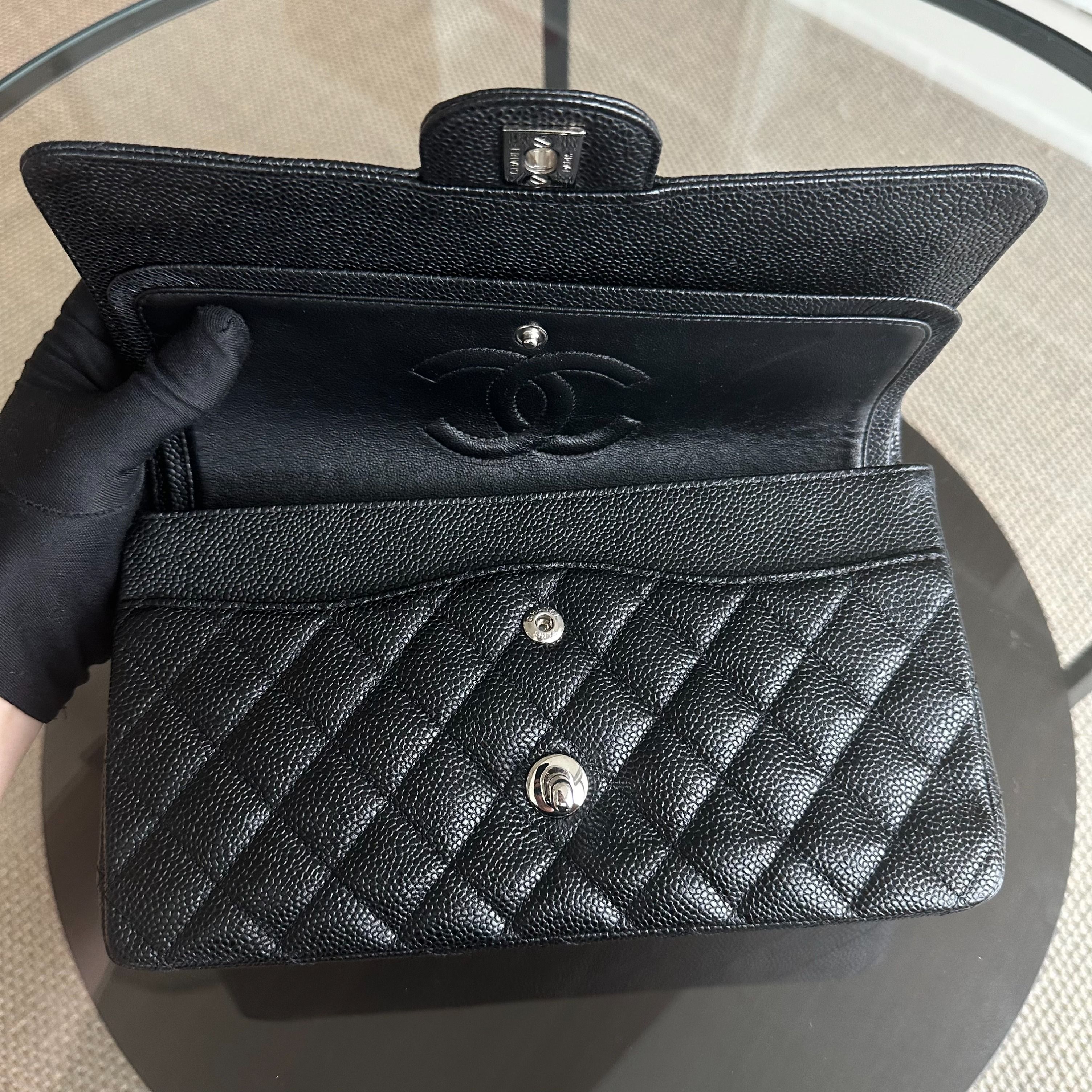 Chanel Caviar Medium Classic Flap Double Flap Quilted Calfskin Black SHW No 13 - Luxury Evermore