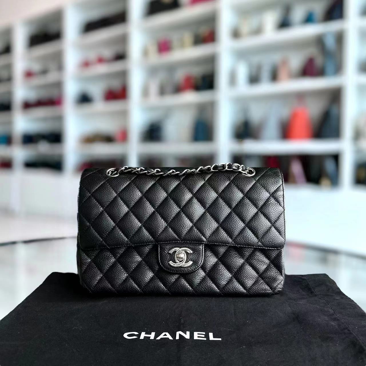 Chanel Caviar Medium Classic Flap Double Flap Quilted Calfskin Black SHW No 14 - Luxury Evermore