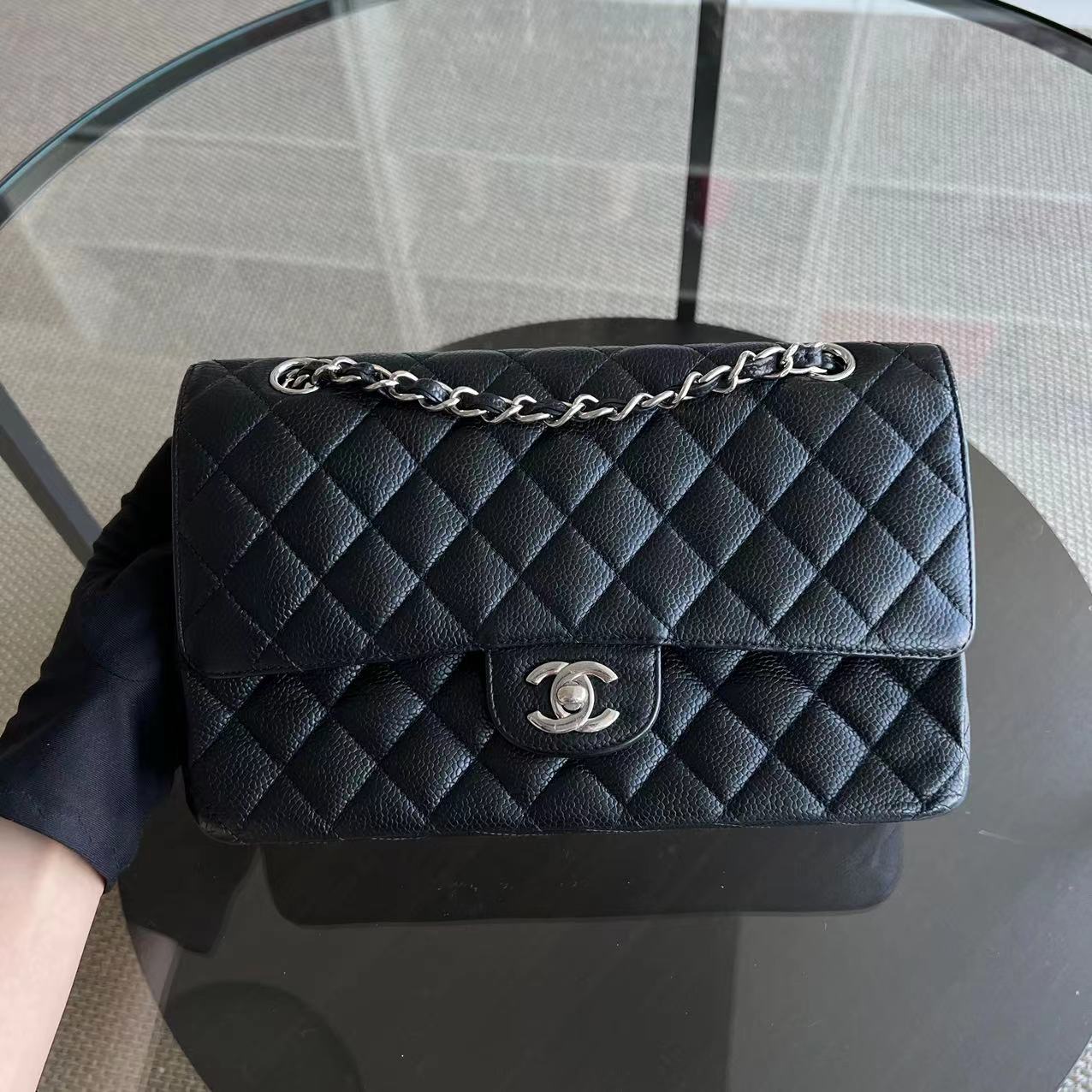 Chanel Caviar Medium Classic Flap Double Flap Quilted Calfskin Black SHW No 14 - Luxury Evermore