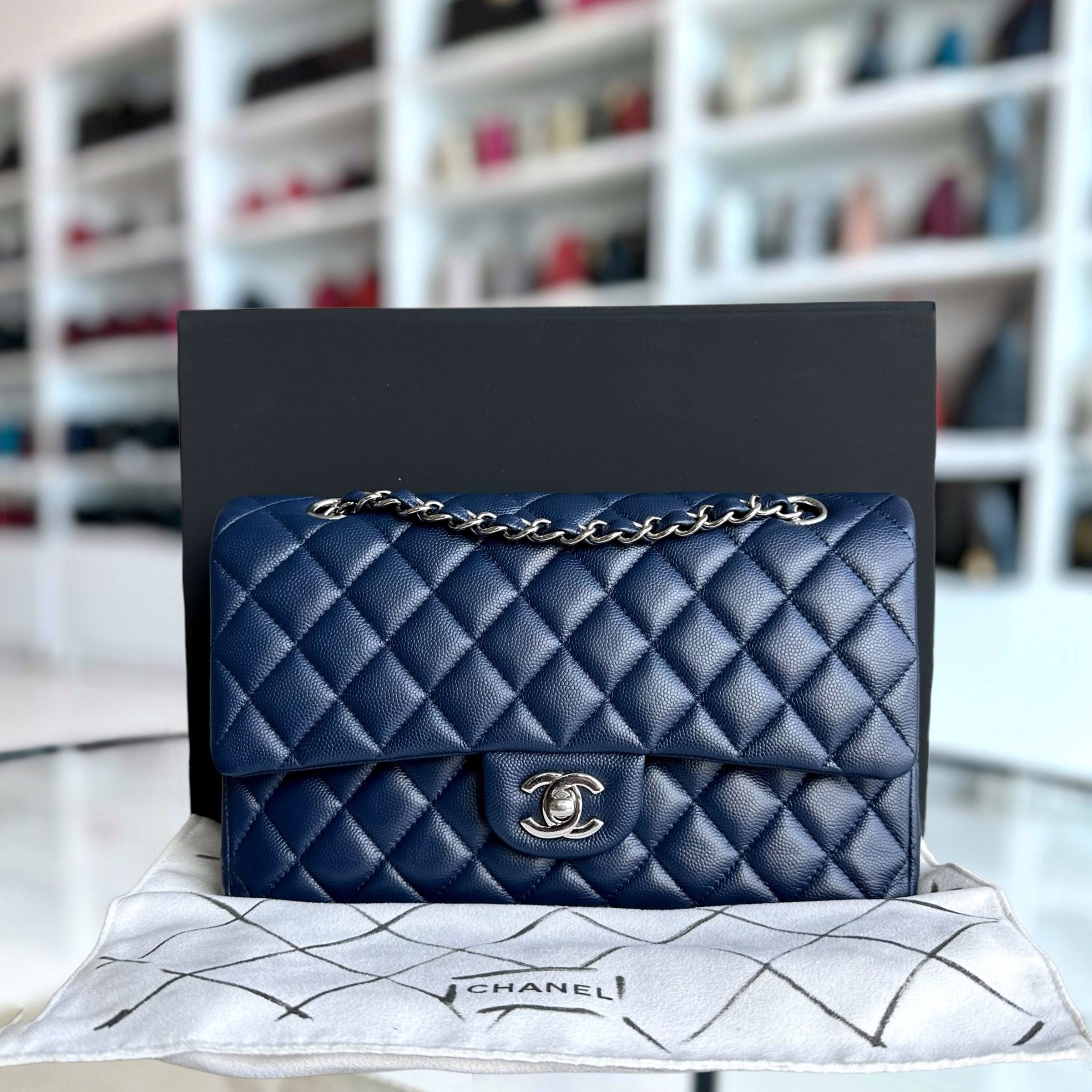 Chanel Caviar Medium Classic Flap Double Flap Quilted Calfskin Dark Blue SHW No 24 - Luxury Evermore