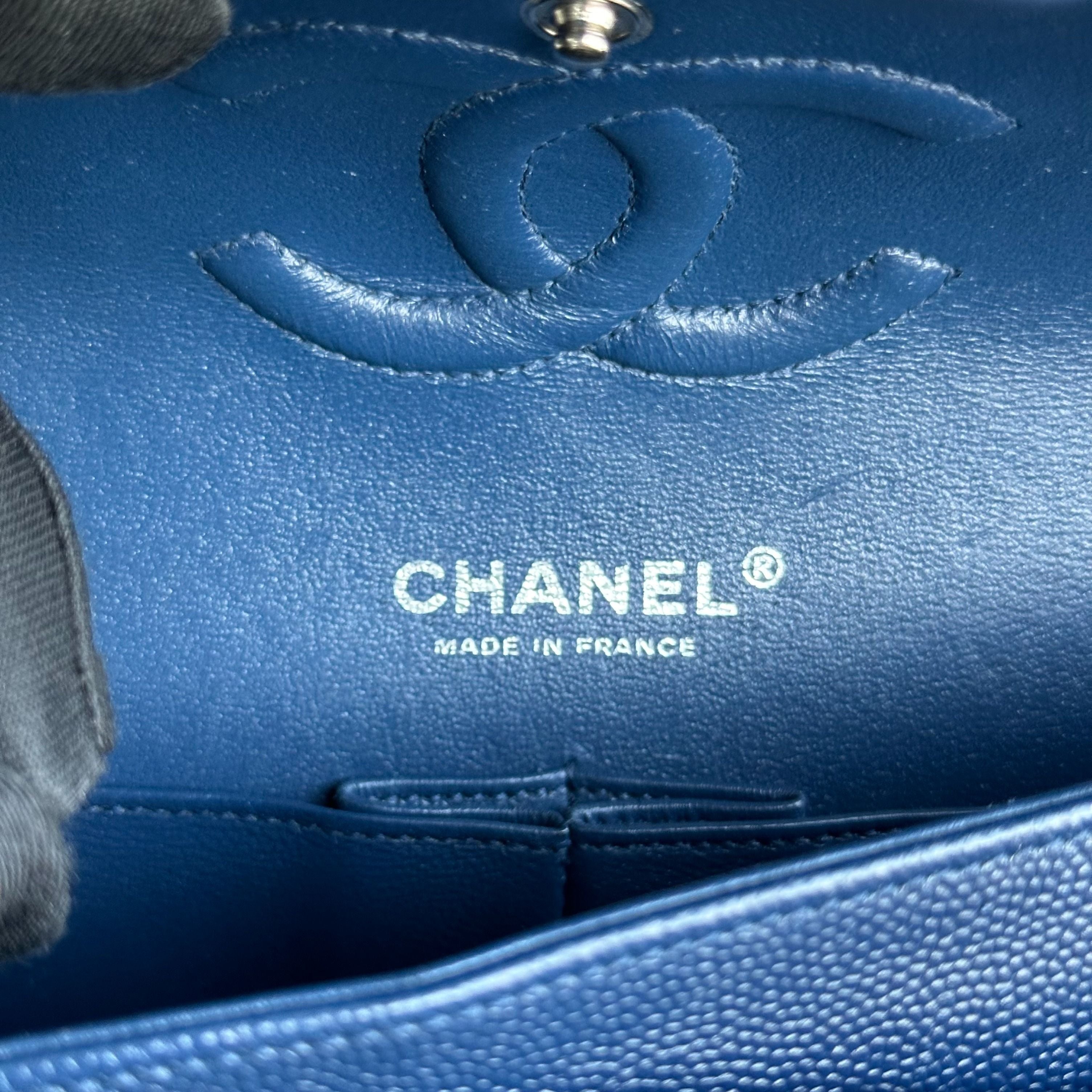 Chanel Caviar Medium Classic Flap Double Flap Quilted Calfskin Dark Blue SHW No 24 - Luxury Evermore