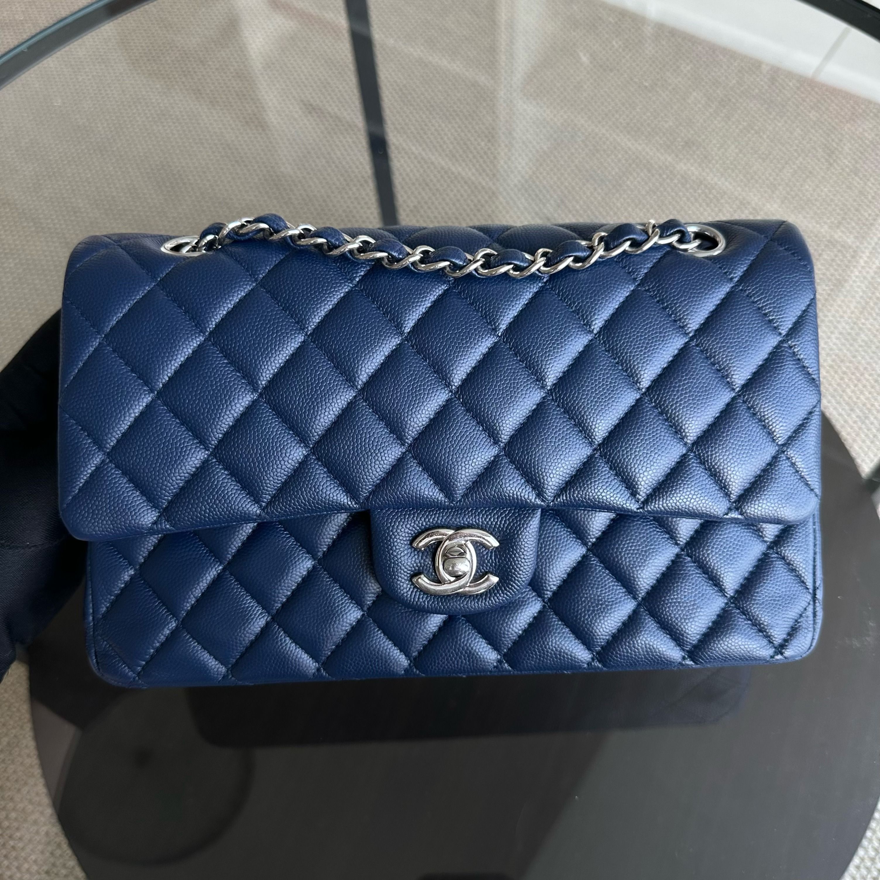 Chanel Caviar Medium Classic Flap Double Flap Quilted Calfskin Dark Blue SHW No 24 - Luxury Evermore