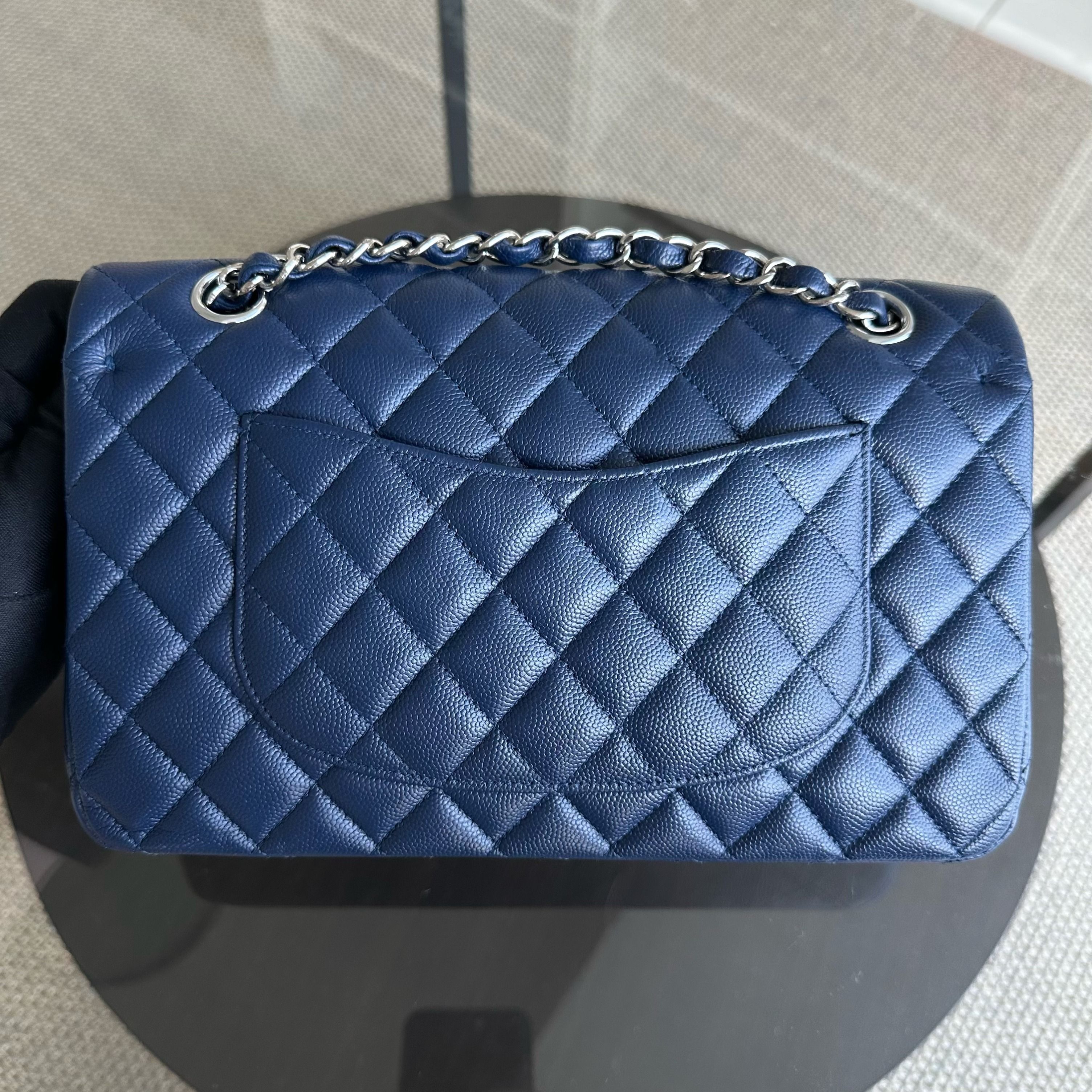 Chanel Caviar Medium Classic Flap Double Flap Quilted Calfskin Dark Blue SHW No 24 - Luxury Evermore