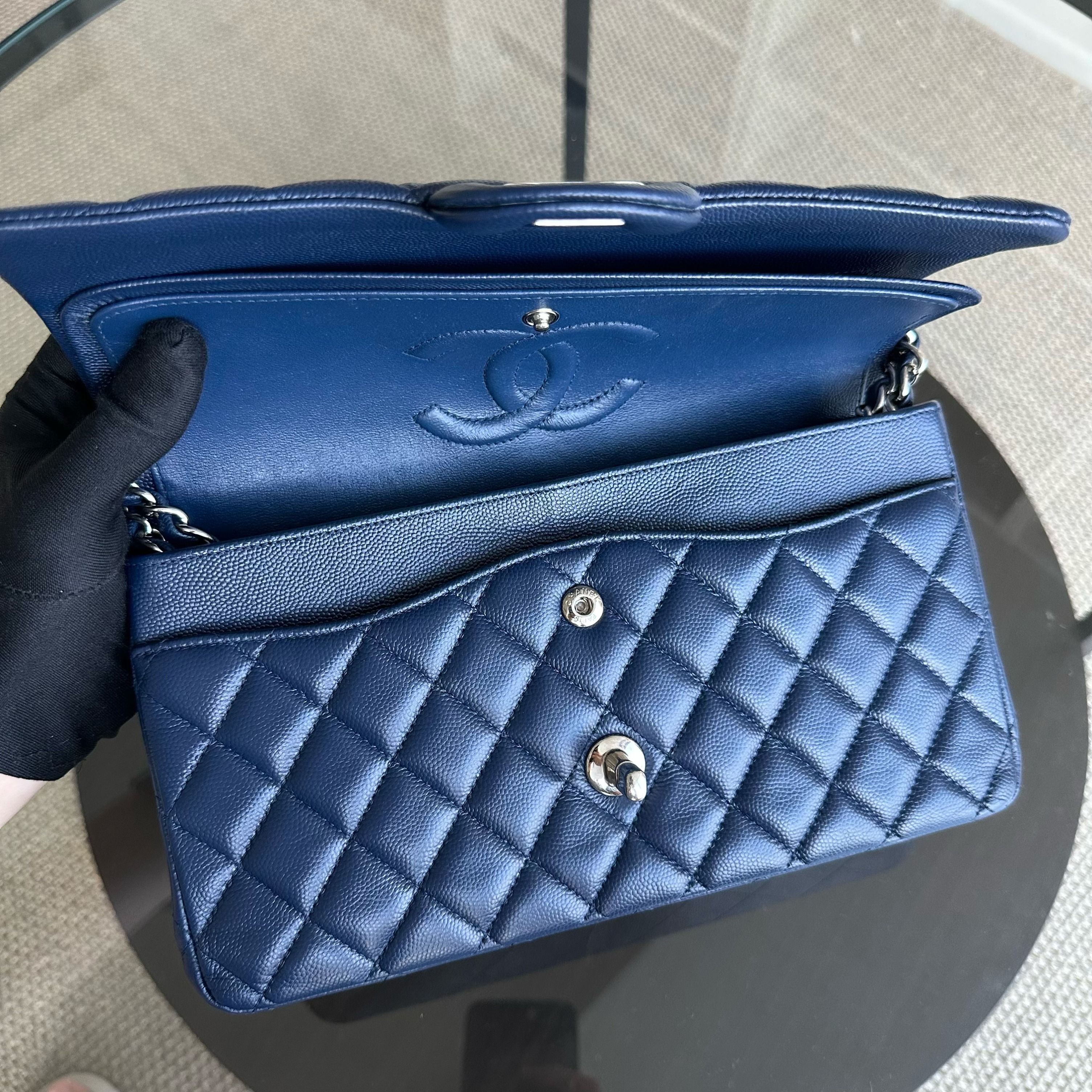 Chanel Caviar Medium Classic Flap Double Flap Quilted Calfskin Dark Blue SHW No 24 - Luxury Evermore