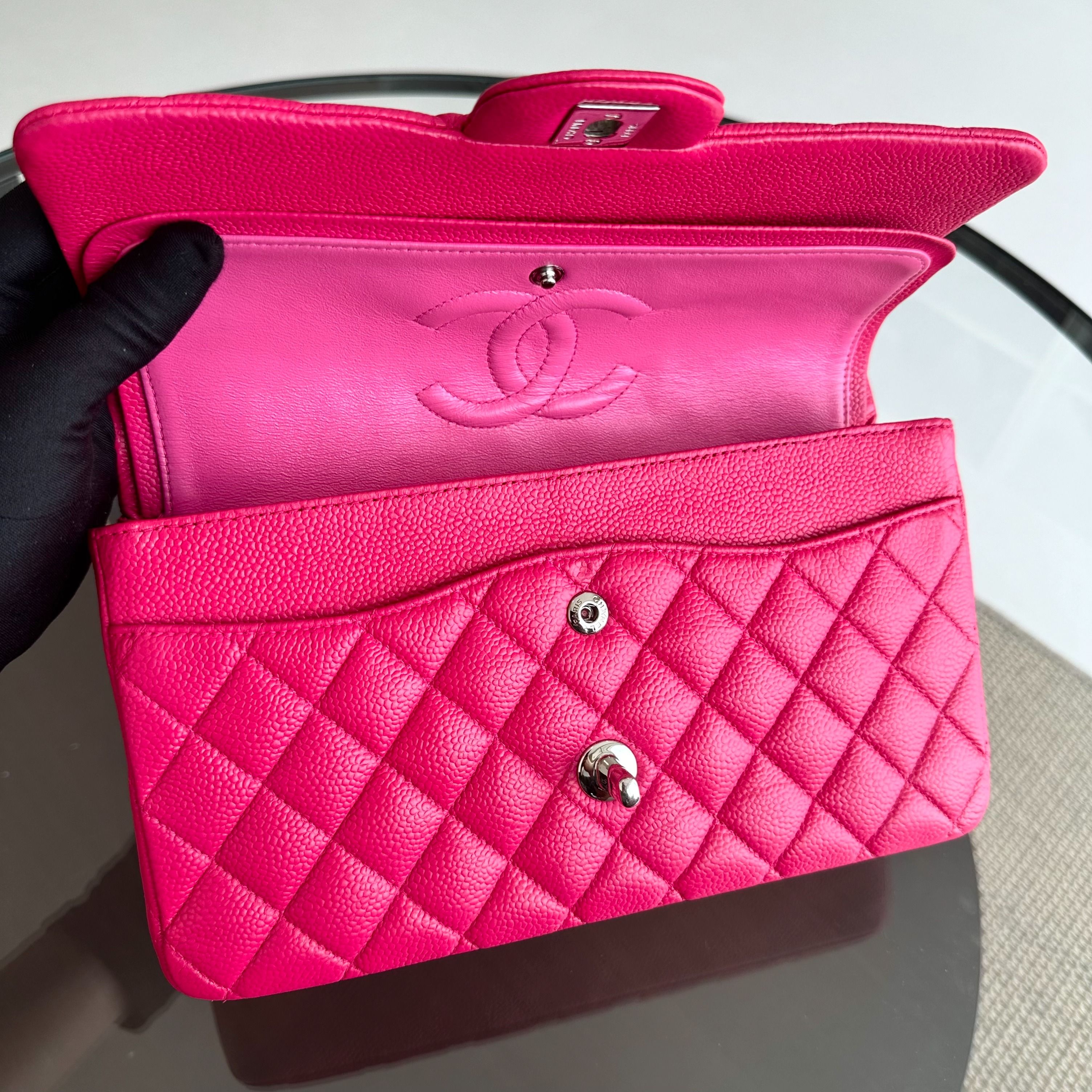 Chanel Caviar Medium Classic Flap Double Flap Quilted Calfskin Hot Pink SHW No 18 - Luxury Evermore