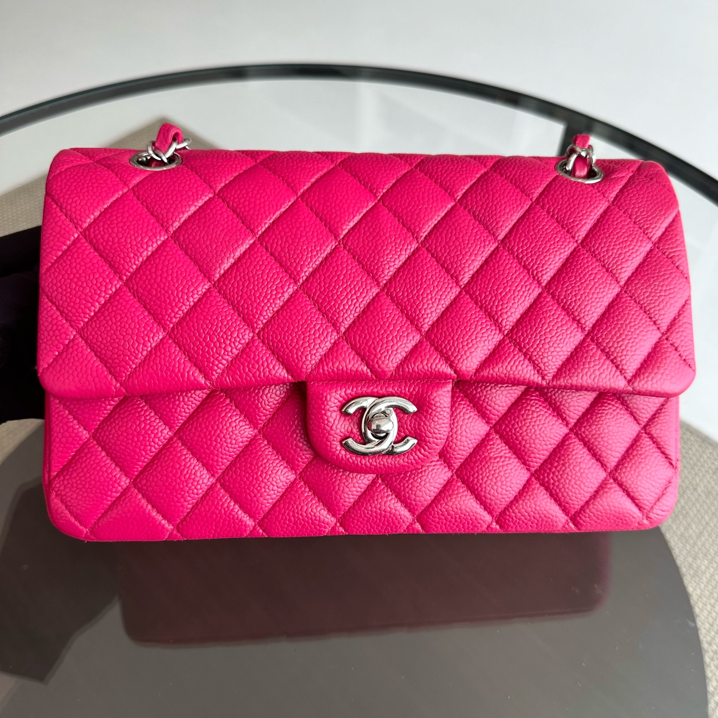 Chanel Caviar Medium Classic Flap Double Flap Quilted Calfskin Hot Pink SHW No 18 - Luxury Evermore