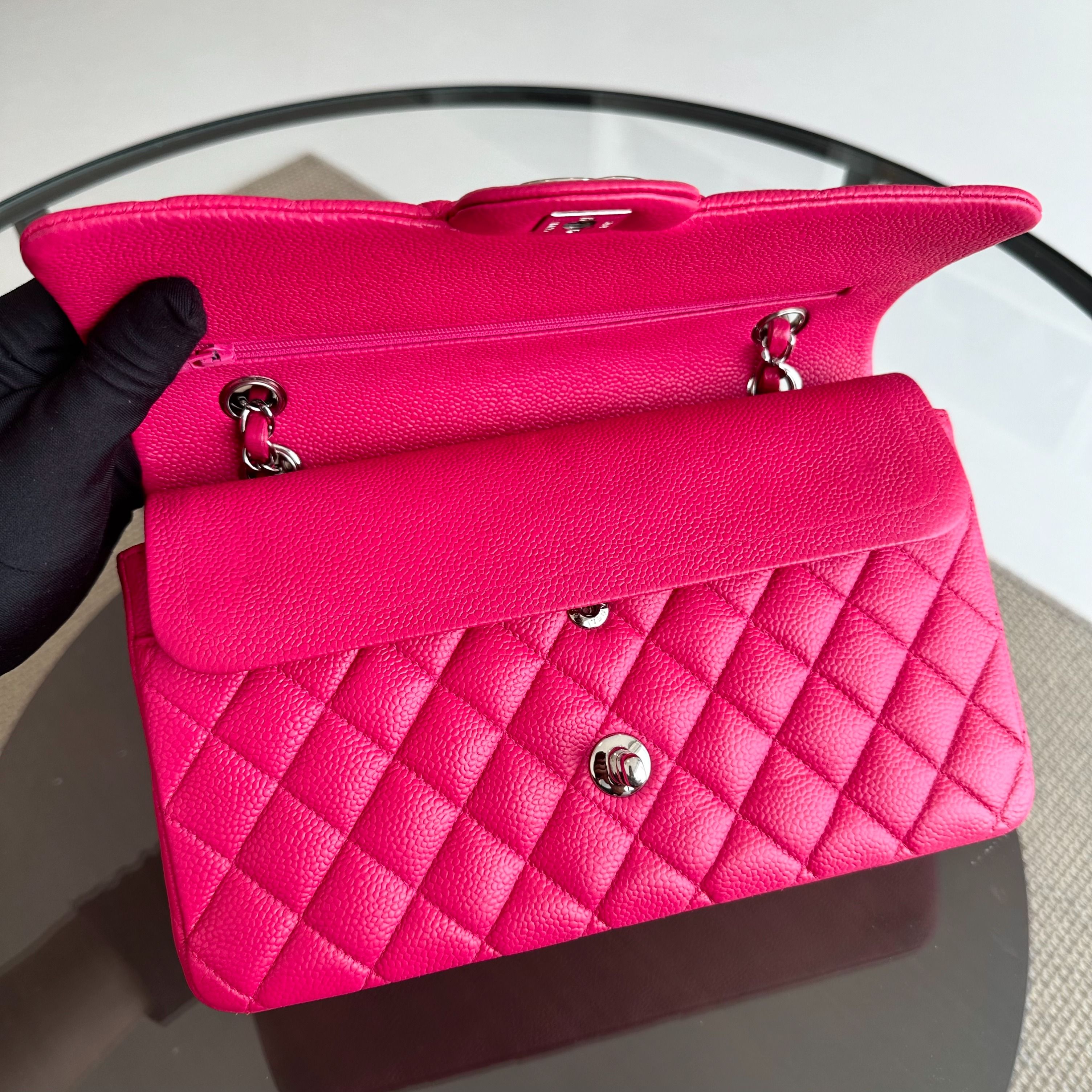 Chanel Caviar Medium Classic Flap Double Flap Quilted Calfskin Hot Pink SHW No 18 - Luxury Evermore