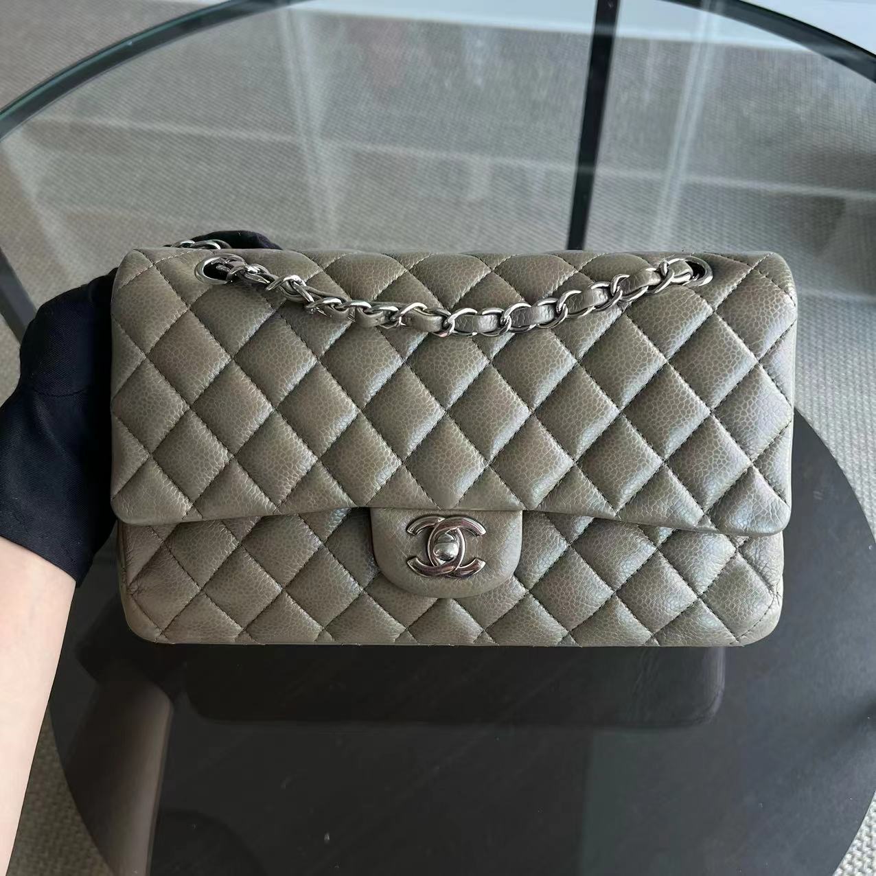 Chanel Caviar Medium Classic Flap Double Flap Quilted Calfskin Taupe Green Brown SHW No 17 - Luxury Evermore